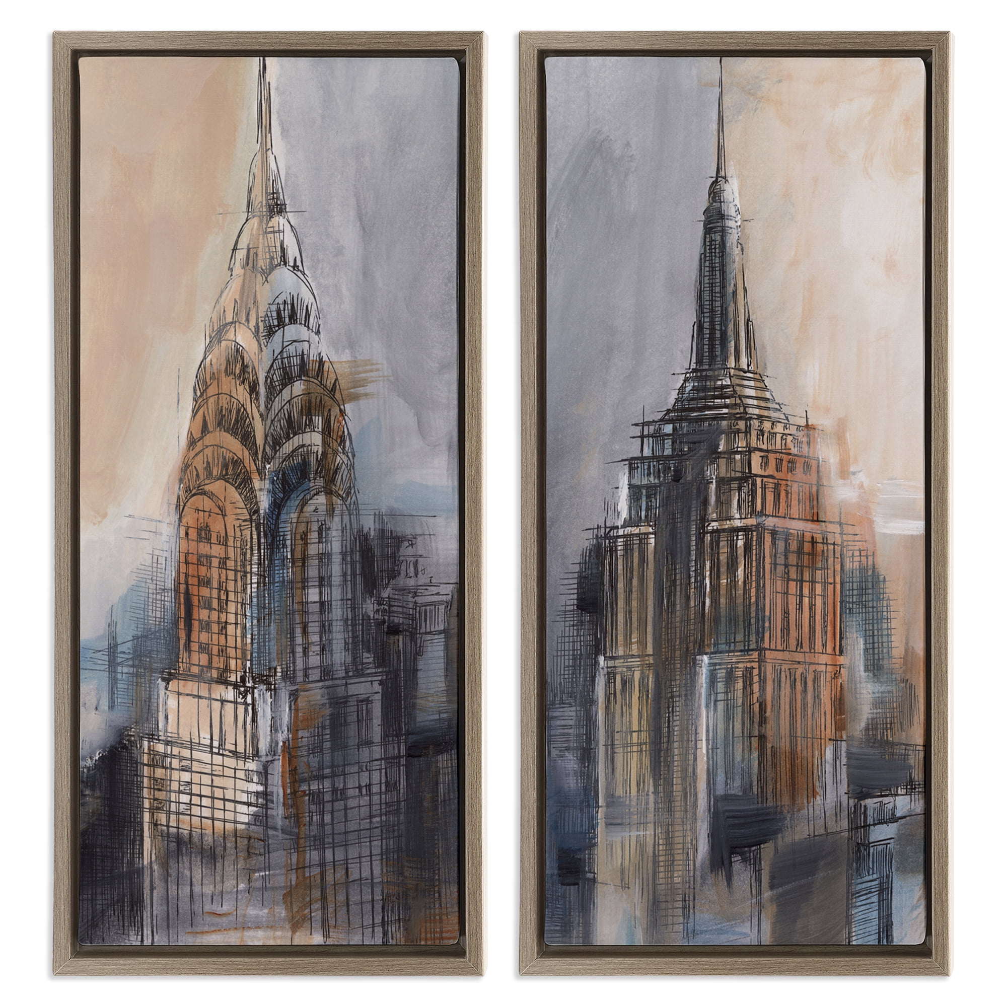 Stupell Industries City Architecture Sketches Scenic & Cityscapes Painting Brown Floater Framed Canvas Art Print Wall Art, 11 x 25, Set of 2