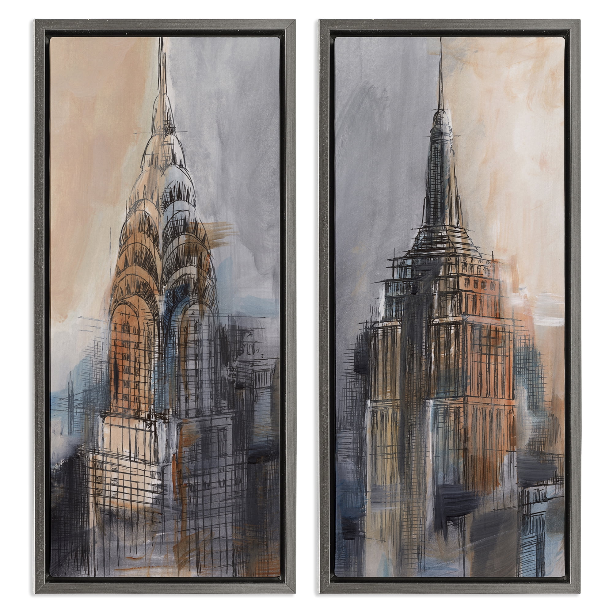 Stupell Industries City Architecture Sketches Scenic & Cityscapes Painting Gray Floater Framed Canvas Art Print Wall Art, 14 x 31, Set of 2