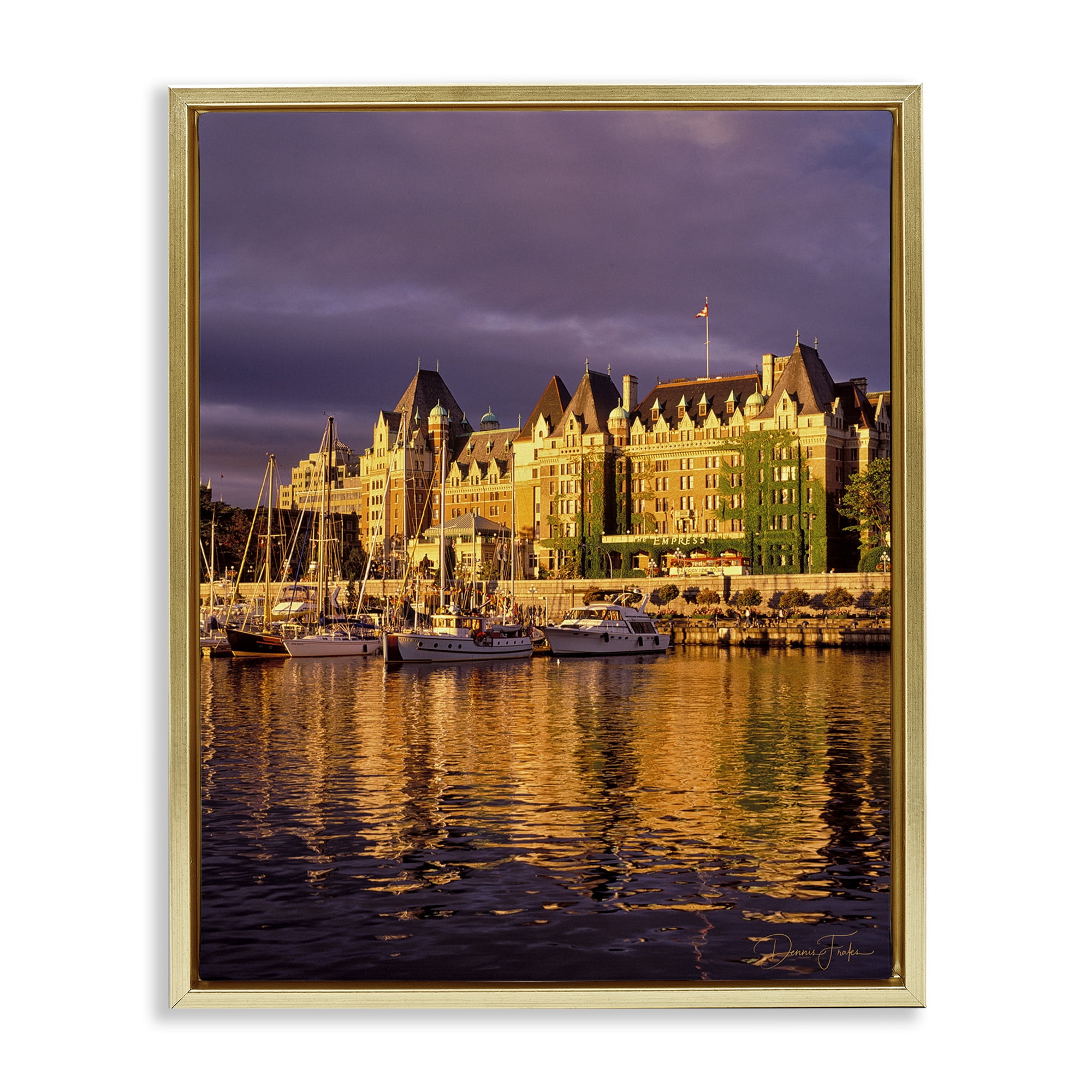 Stupell Industries City Boat Harbor Town & City Photography Gold Floater Framed Art Print Wall Art, 25 x 31