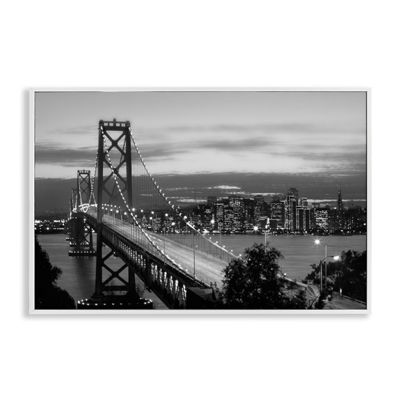 Stupell Industries City Bridge Lights at Night Architecture Photography White Framed Art Print Wall Art, 18 x 12