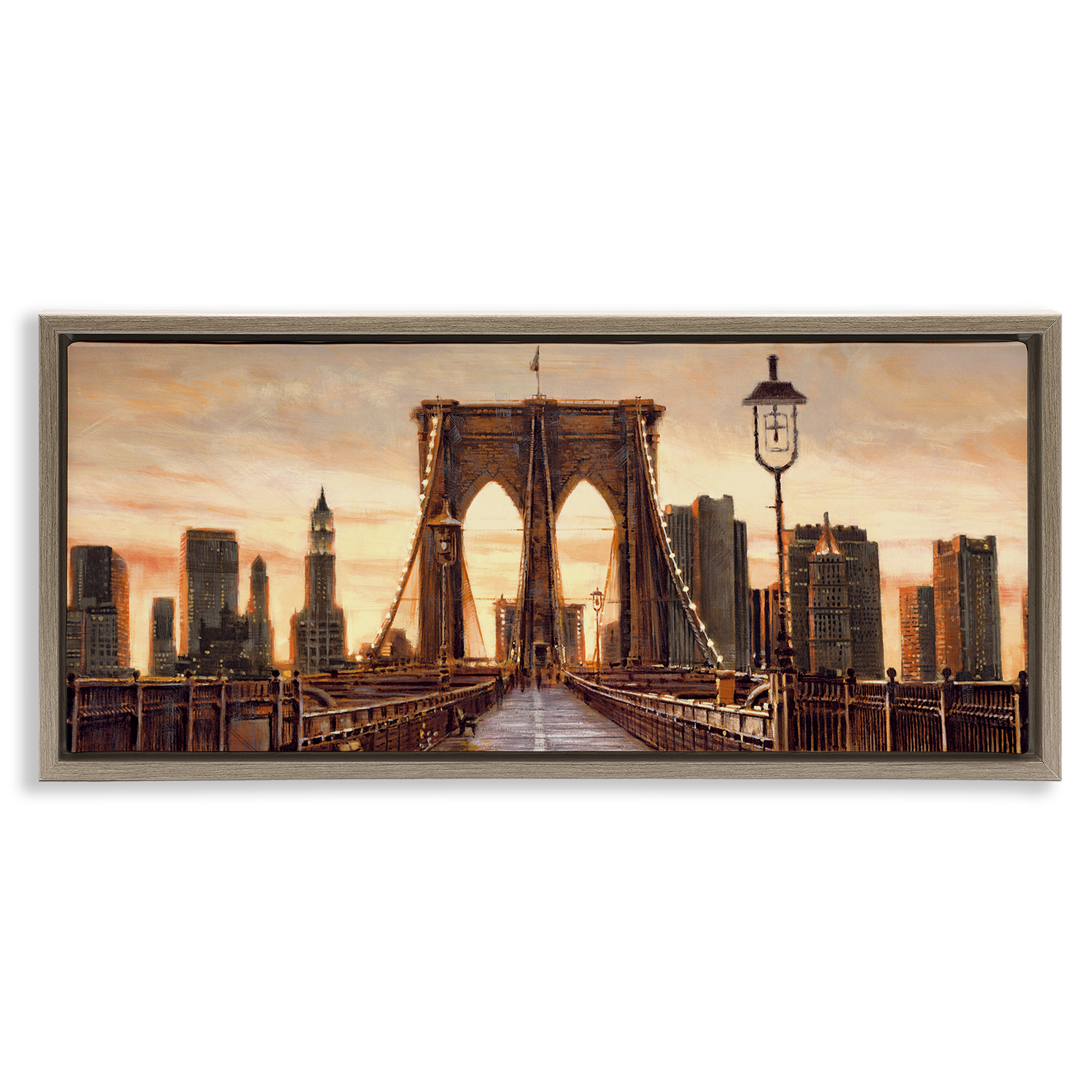 Stupell Industries City Bridge View Scenery Painting Brown Floater Framed Art Print Wall Art, 25 x 11
