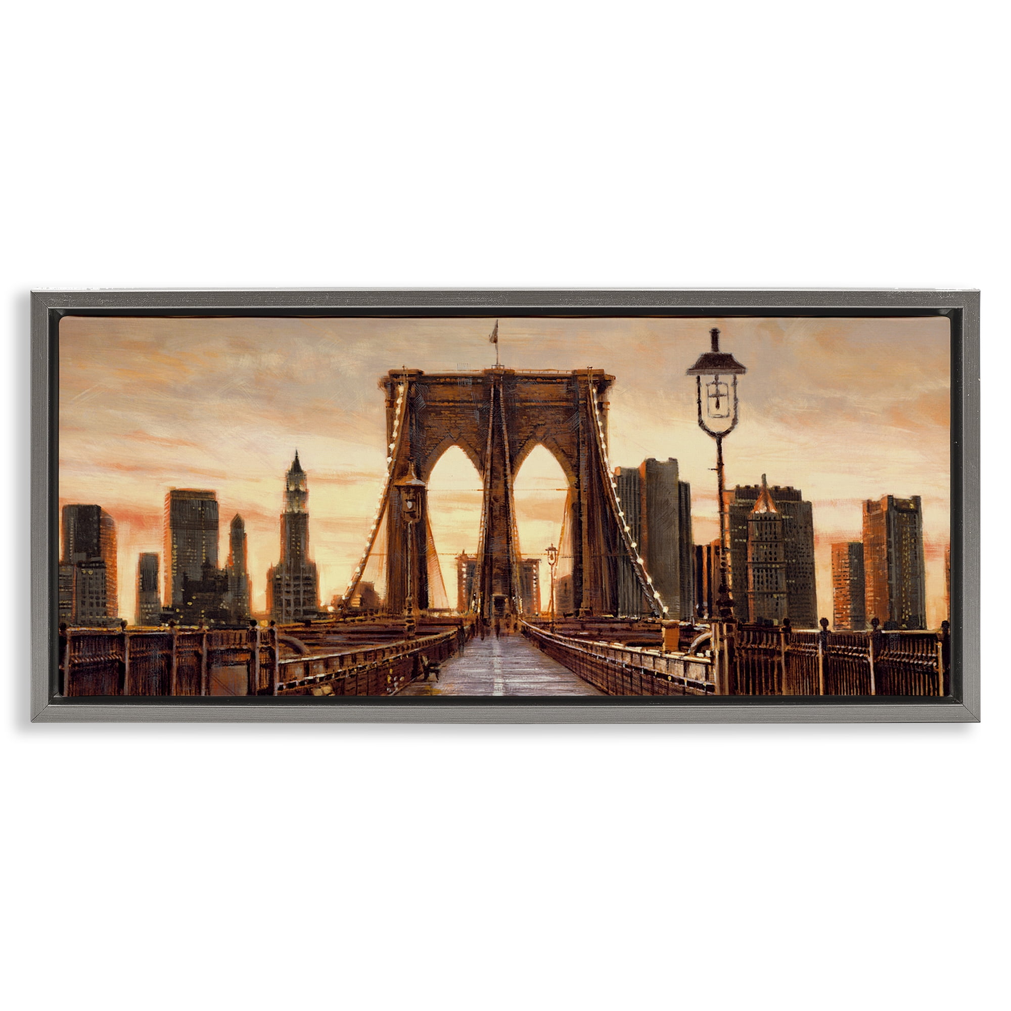Stupell Industries City Bridge View Scenery Painting Gray Floater Framed Art Print Wall Art, 31 x 14