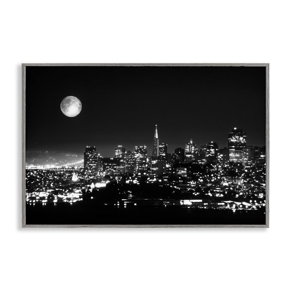 Stupell Industries City Lights at Night Cityscapes Photography Gray Framed Art Print Wall Art, 18 x 12