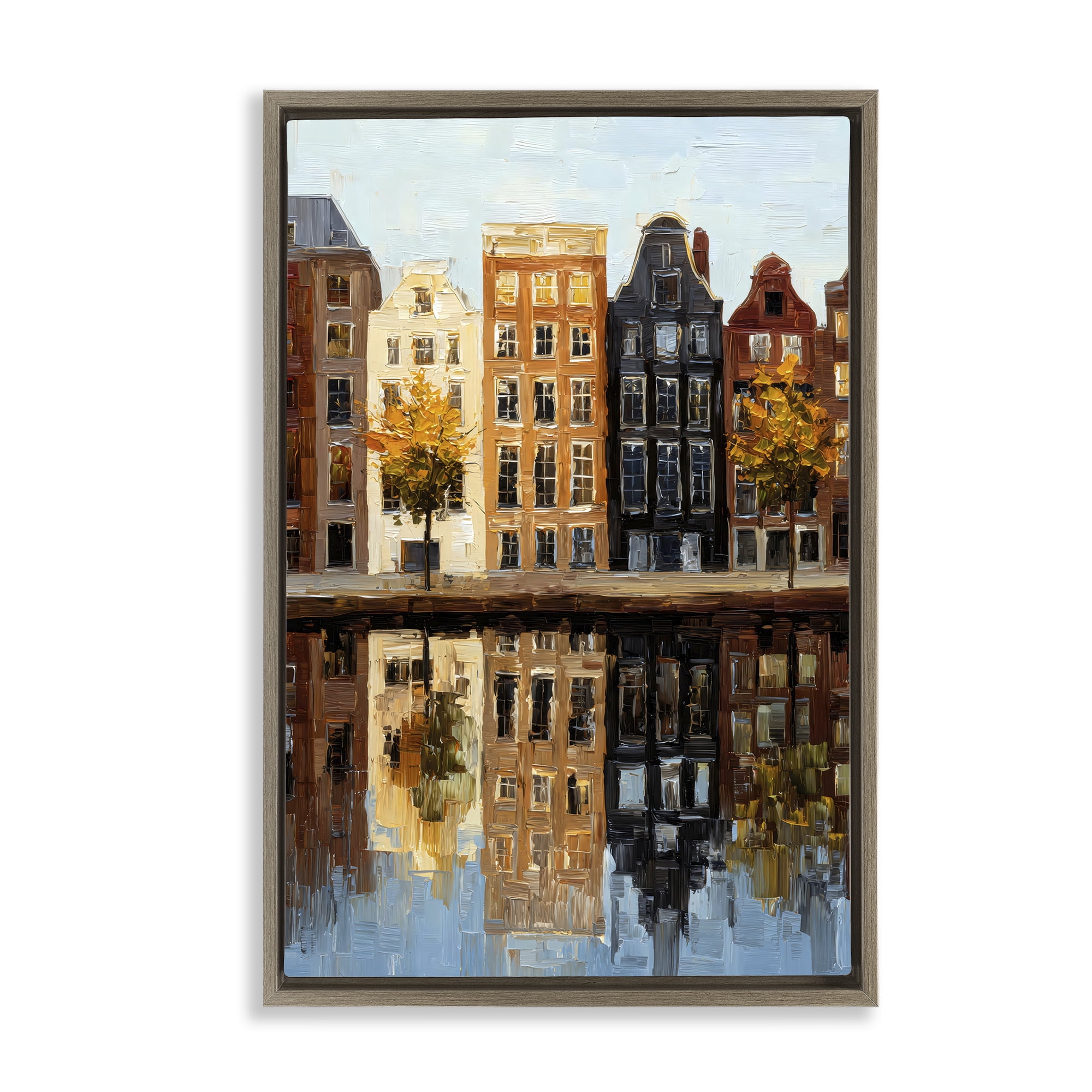 Stupell Industries City Reflection over Canal Brown Framed Floater Canvas Wall Art, design by Petal Prints Design