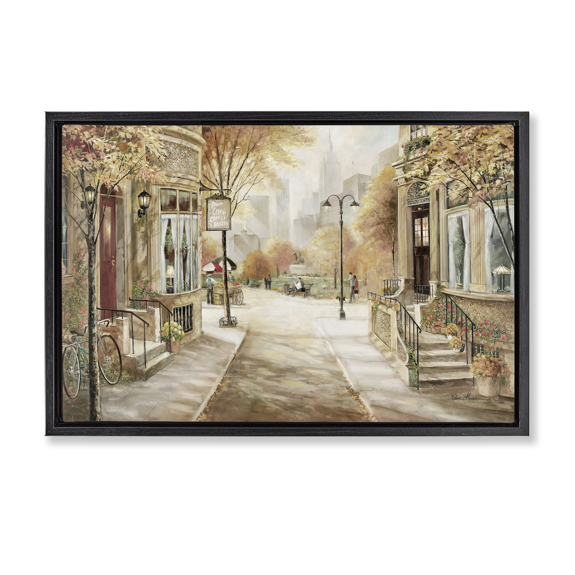 Stupell Industries City Street Shopfronts Scenic & Cityscapes Painting Black Floater Framed Canvas Art Print Wall Art, 31 x 21