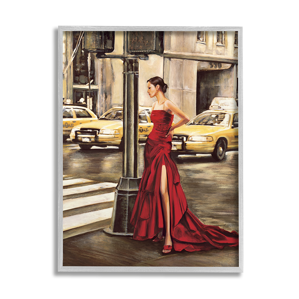Stupell Industries City Taxi Crosswalk Glam Fashion Red Gown Gray Framed by Edoardo Rovere