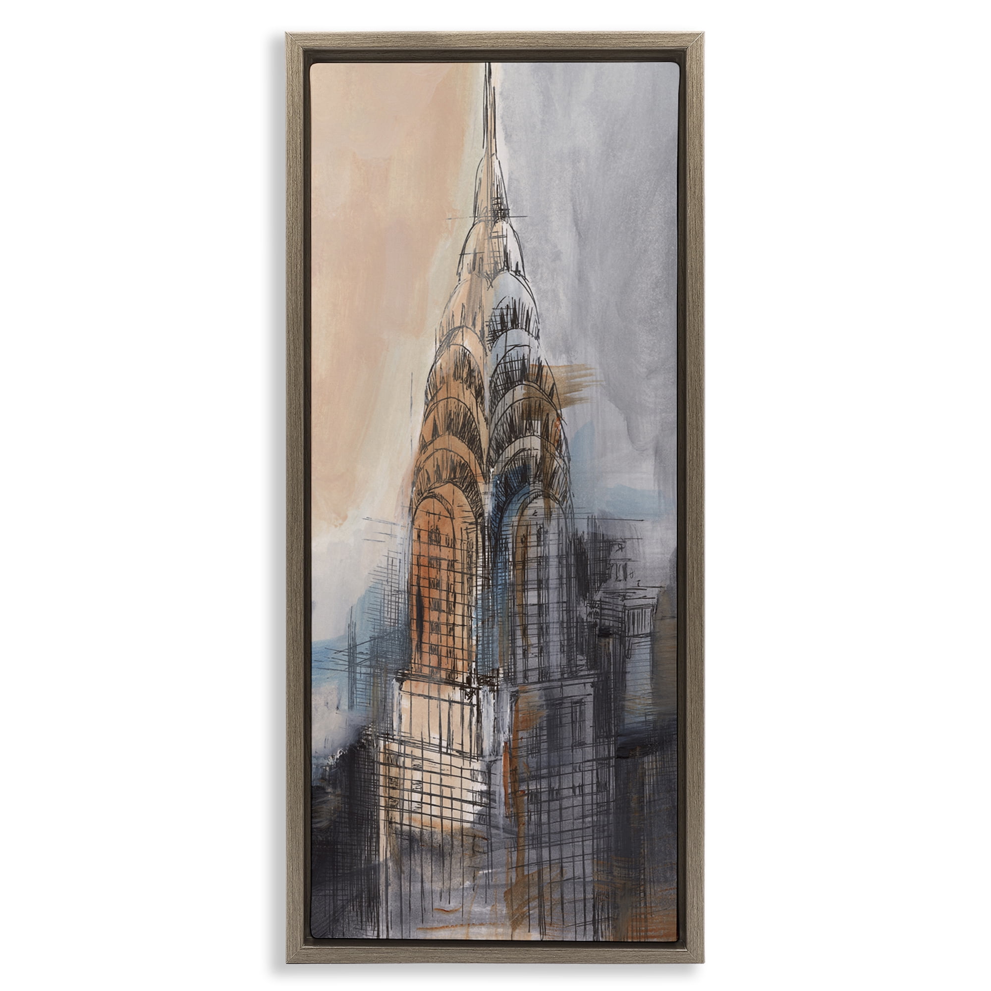 Stupell Industries City Tower Sketch Scenic & Cityscapes Painting Brown Floater Framed Canvas Art Print Wall Art, 14 x 31
