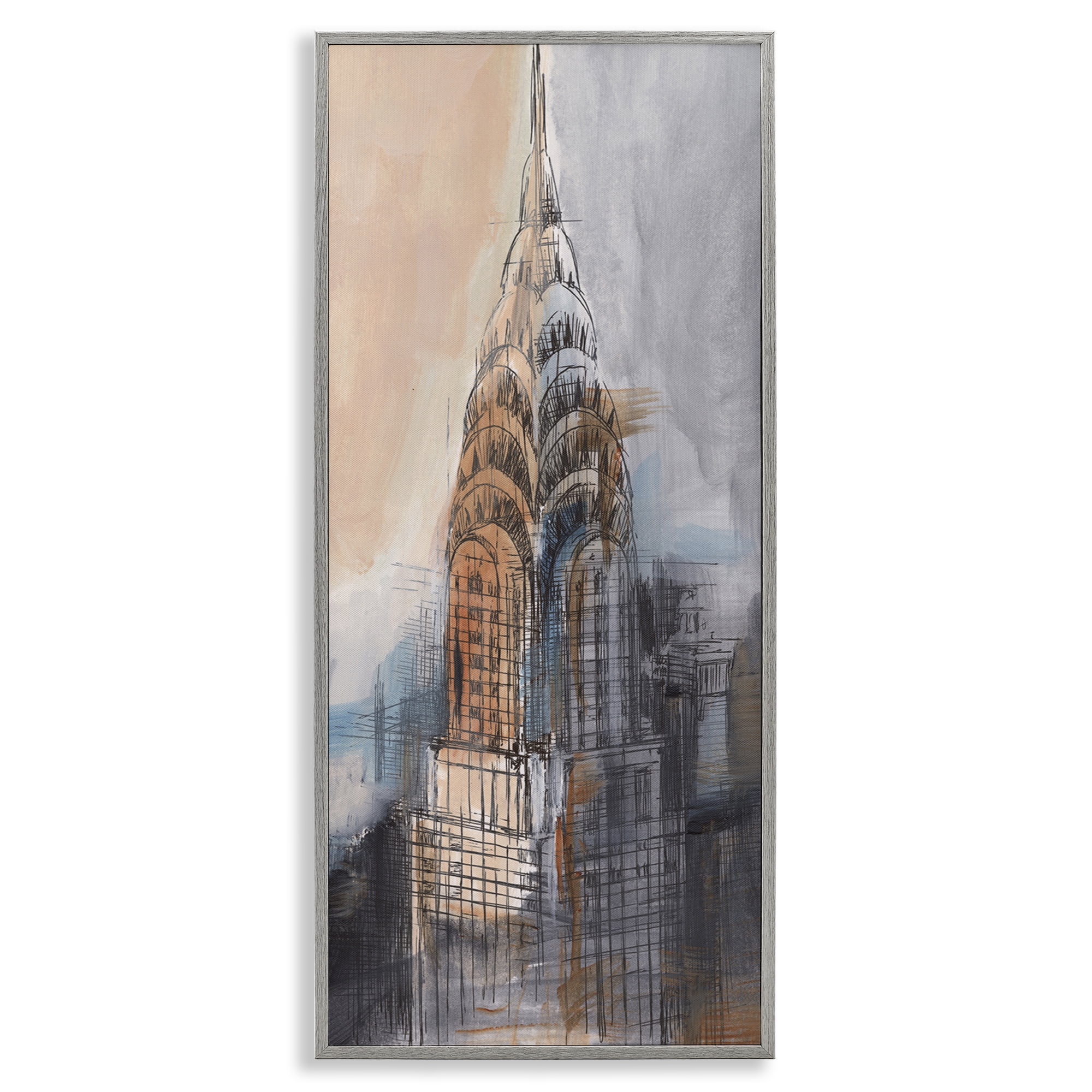 Stupell Industries City Tower Sketch Scenic & Cityscapes Painting Gray Framed Art Print Wall Art, 13 x 30