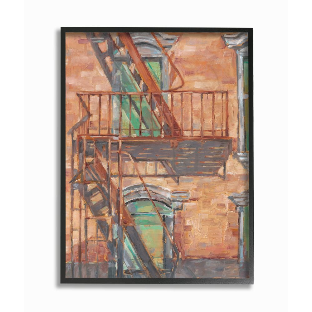 Stupell Industries Cityscape Fire Escape Green Red Painting Black Framed Art Print Wall Art, 11x14, by Ethan Harper