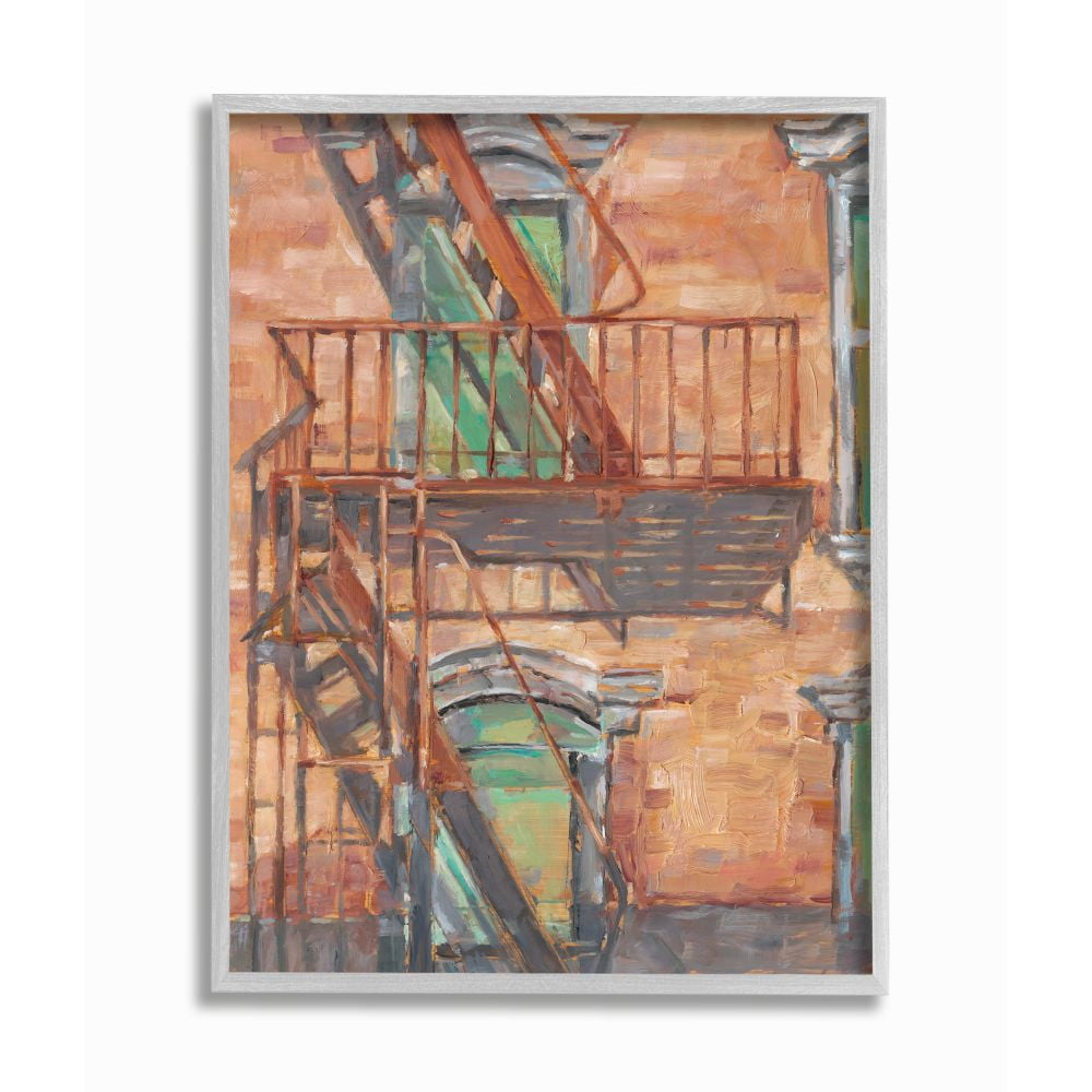 Stupell Industries Cityscape Fire Escape Green Red Painting Gray Framed Art Print Wall Art, 16x20, by Ethan Harper