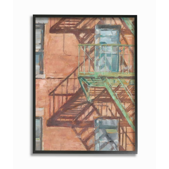 Stupell Industries Cityscape Fire Escape Red Green Painting Black Framed Art Print Wall Art, 24x30, by Ethan Harper