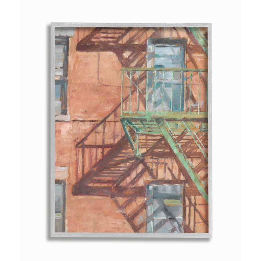 Stupell Industries Cityscape Fire Escape Red Green Painting Gray Framed Art Print Wall Art, 16x20, by Ethan Harper