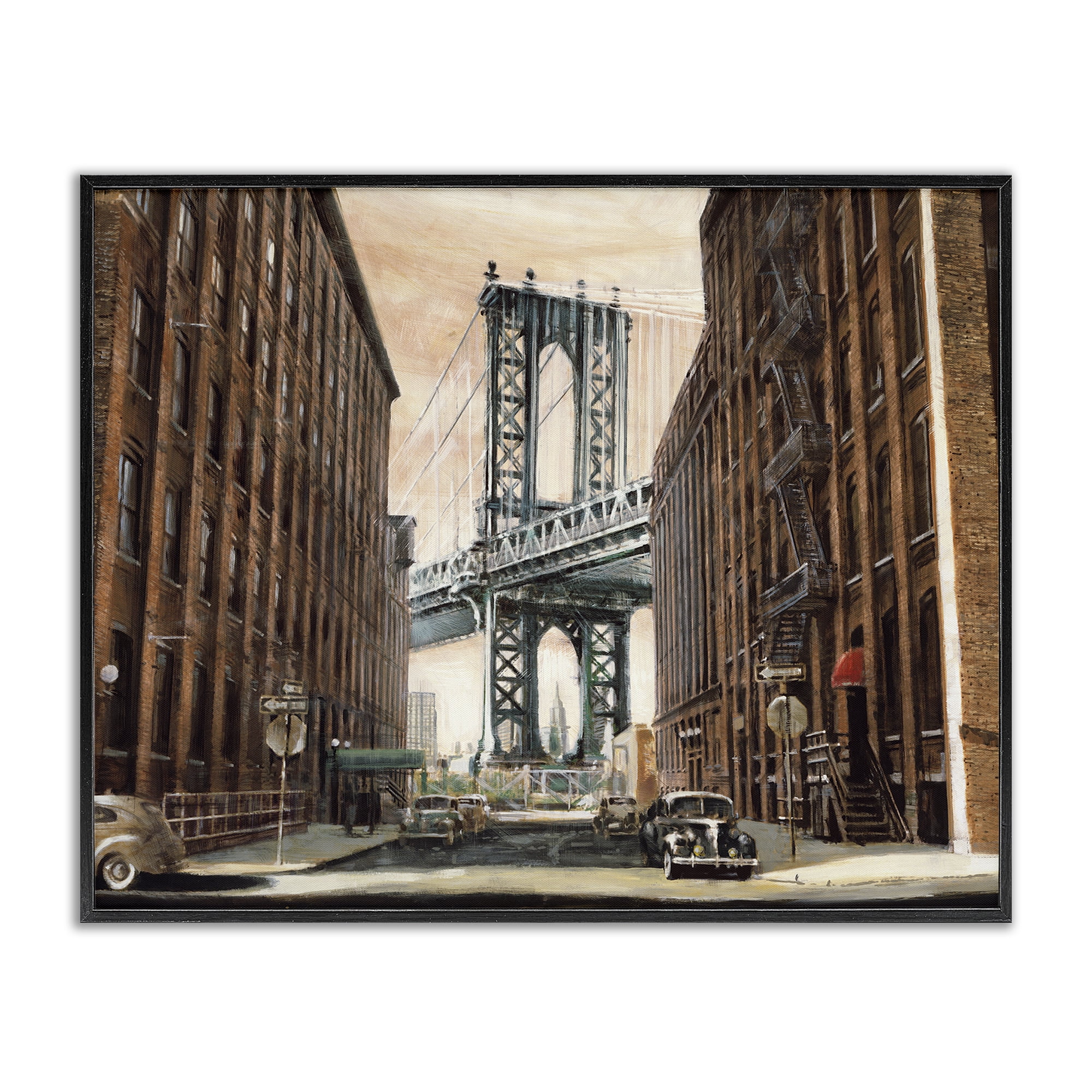 Stupell Industries Cityscape with Bridge View Scenery Painting Black Framed Art Print Wall Art, 30 x 24