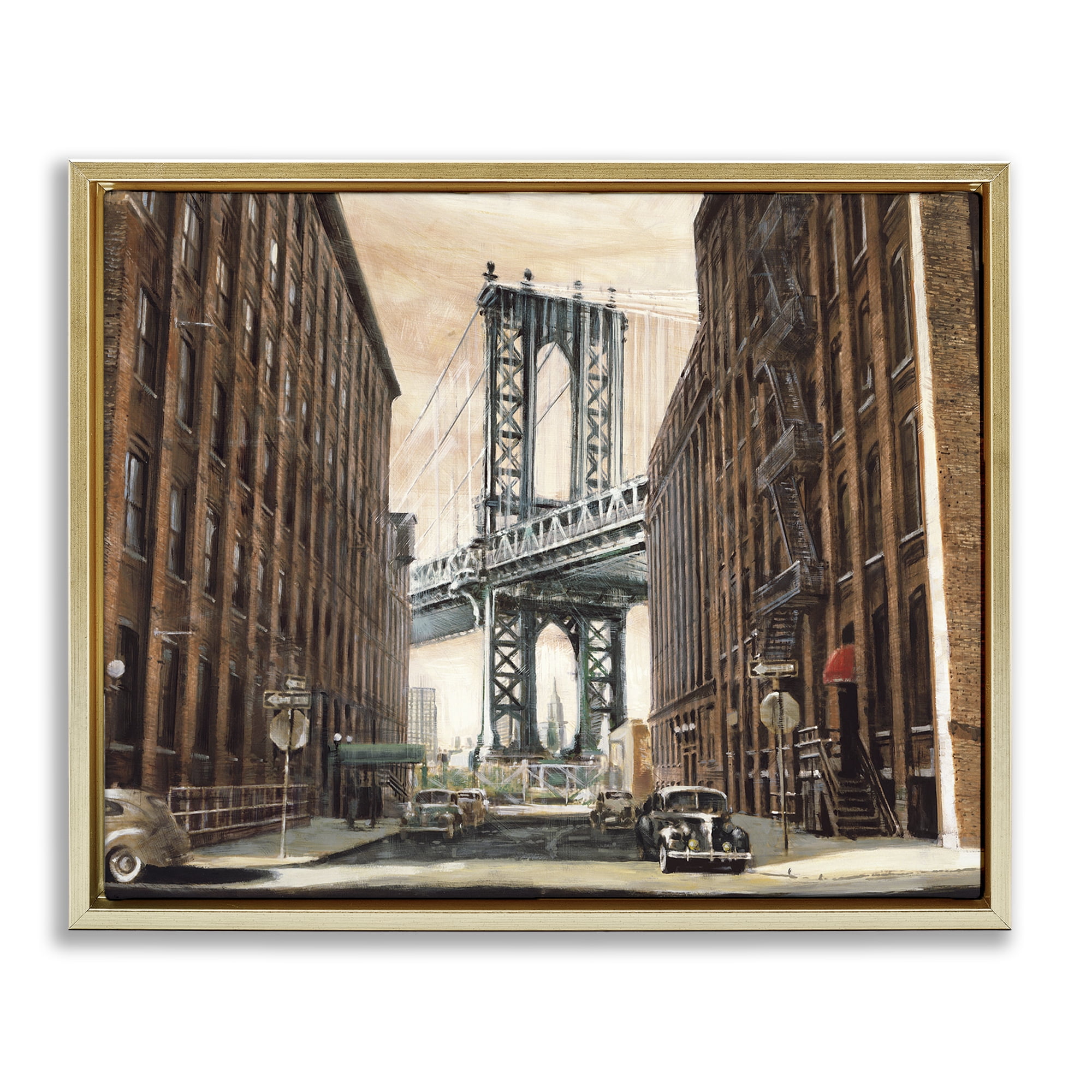 Stupell Industries Cityscape with Bridge View Scenery Painting Gold Floater Framed Art Print Wall Art, 21 x 17