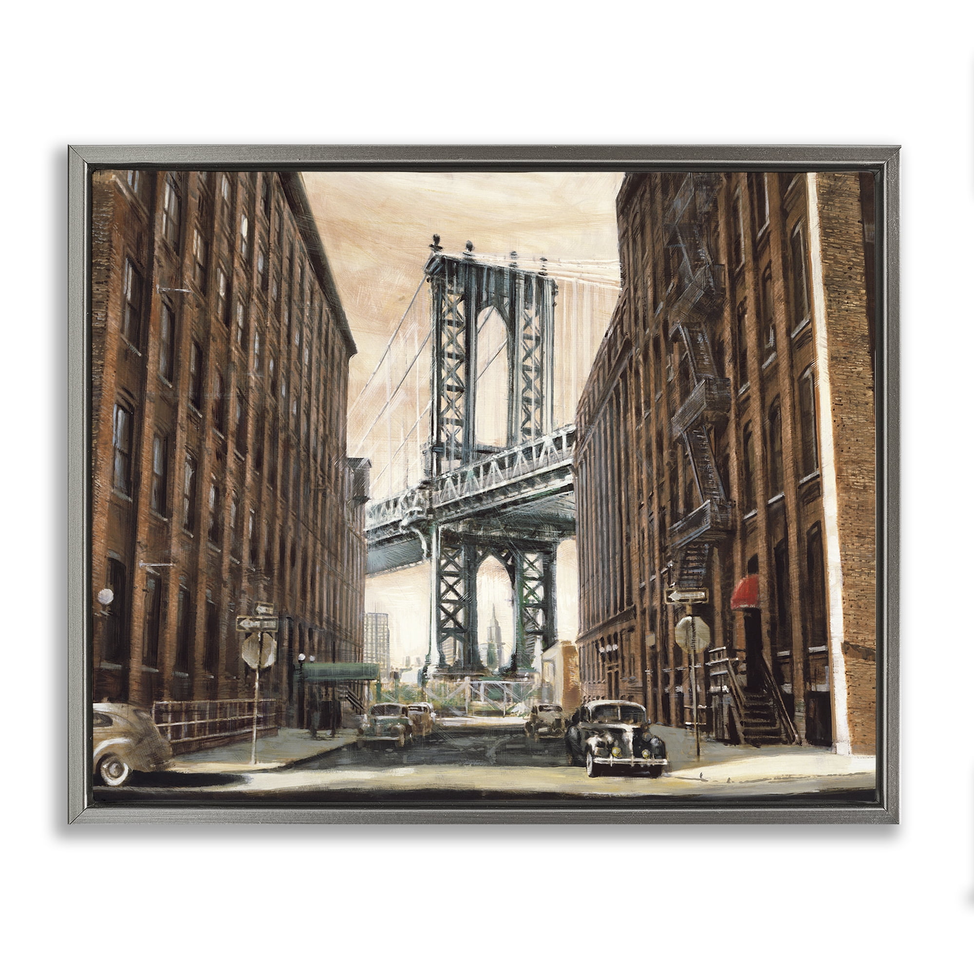 Stupell Industries Cityscape with Bridge View Scenery Painting Gray Floater Framed Art Print Wall Art, 31 x 25