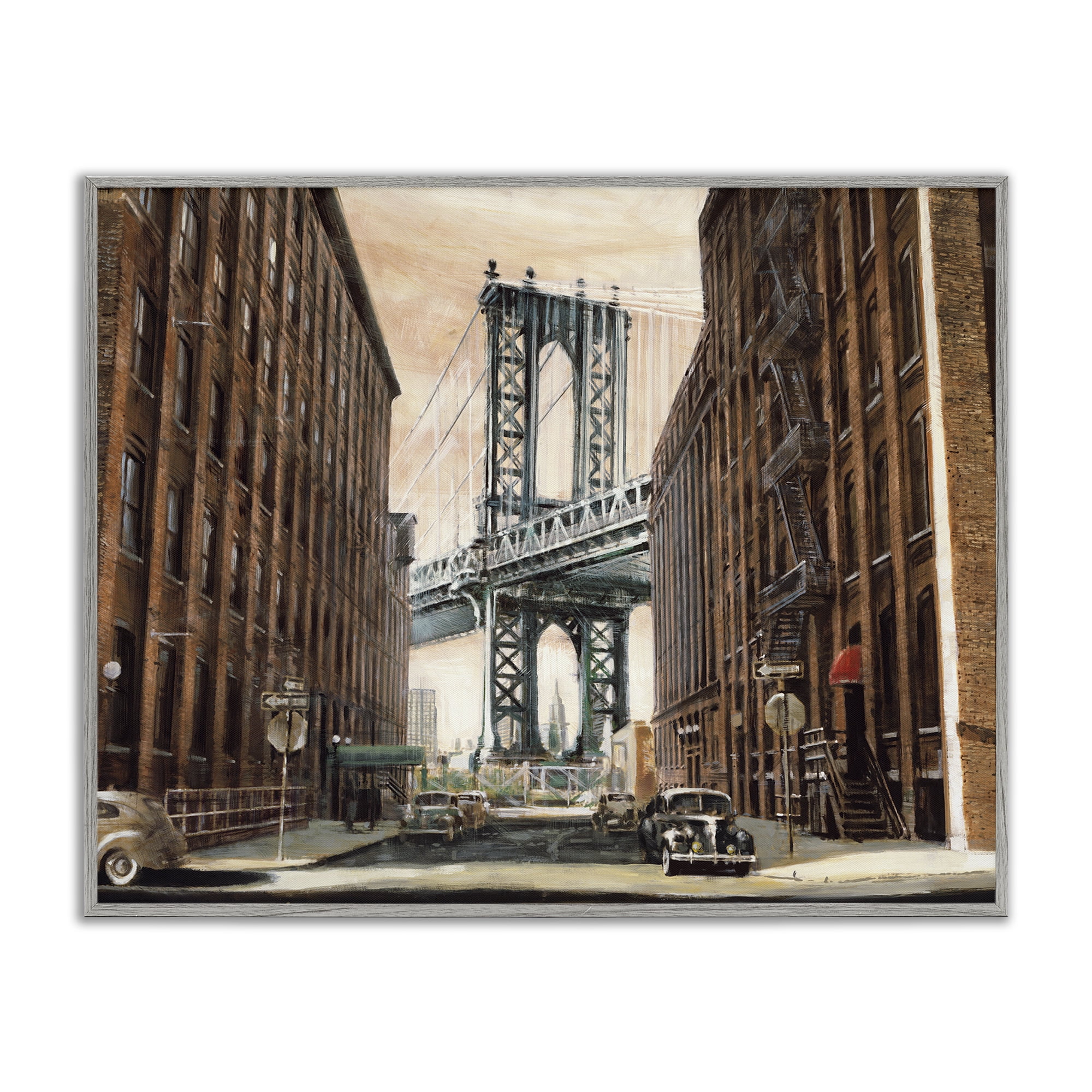 Stupell Industries Cityscape with Bridge View Scenery Painting Gray Framed Art Print Wall Art, 30 x 24