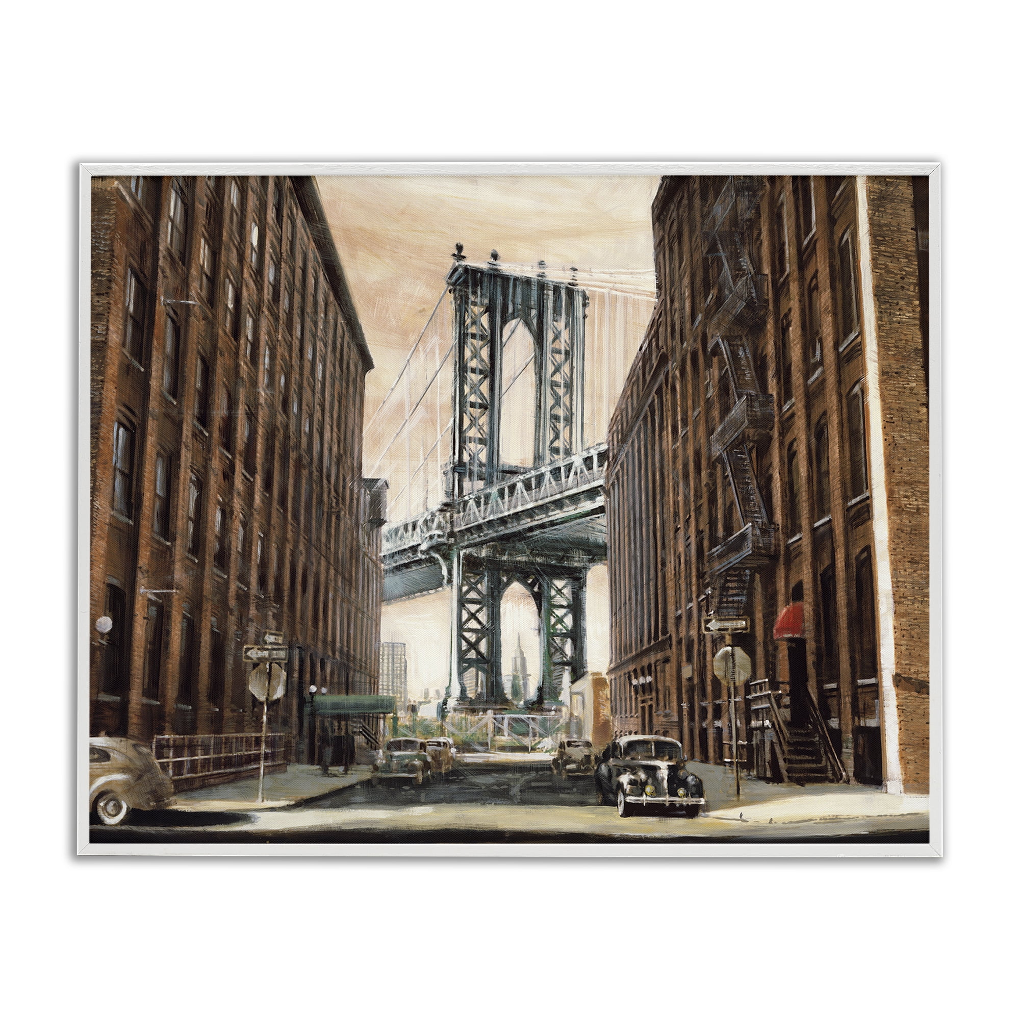 Stupell Industries Cityscape with Bridge View Scenery Painting White Framed Art Print Wall Art, 30 x 24
