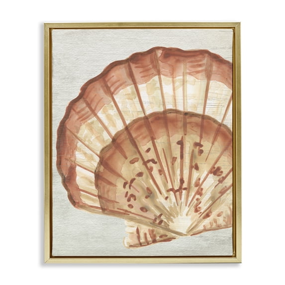 Stupell Industries Clam Shell in Beige Nautical & Beach Painting Gold Floater Framed Canvas Art Print Wall Art, 17 x 21