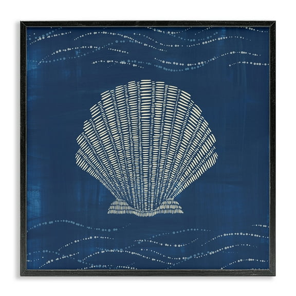 Stupell Industries Clam Shell on Blue Coastal Painting Black Framed Art Print Wall Art, 12 x 12