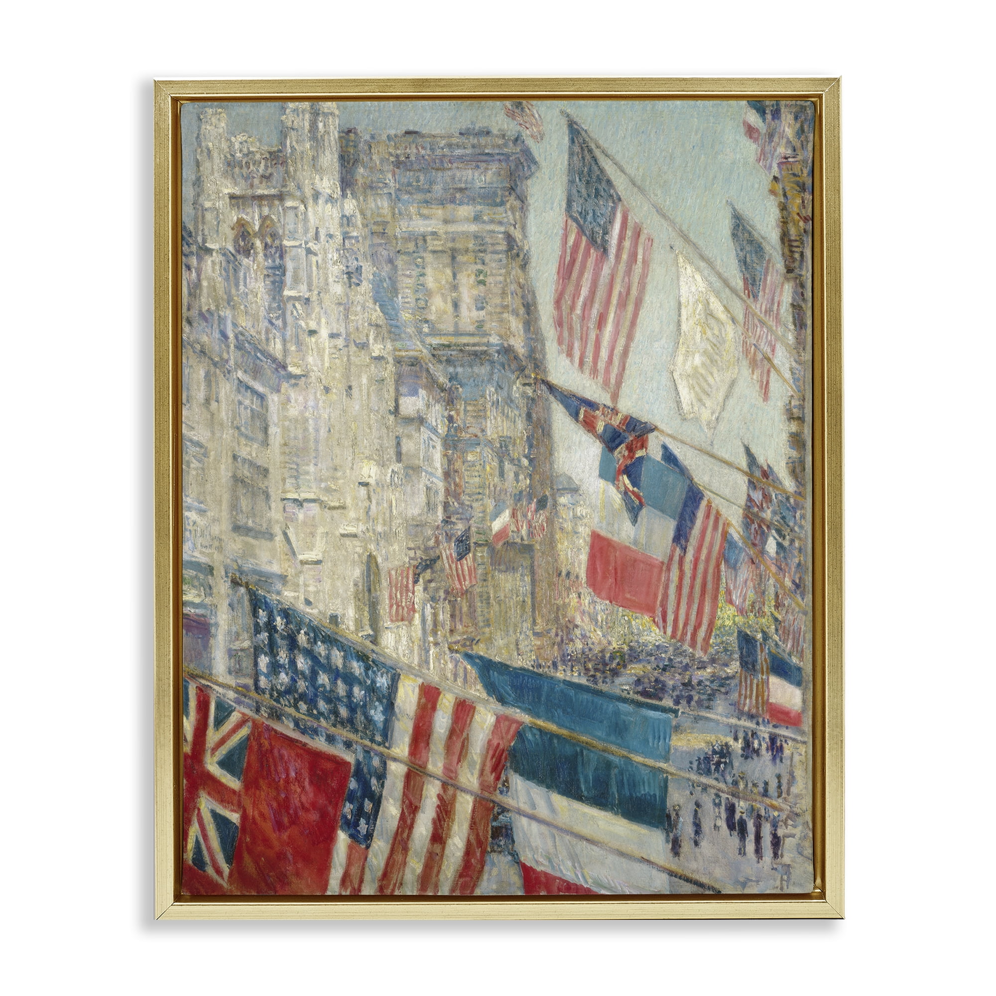 Stupell Industries Classic Americana Flags Patriotic Painting Gold Floater Framed Canvas Art Print Wall Art, 17 x 21