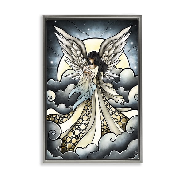 Stupell Industries Classic Angel & Baby in Clouds Spiritual Painting Gray Floater Framed Canvas Art Print Wall Art, 17 x 25