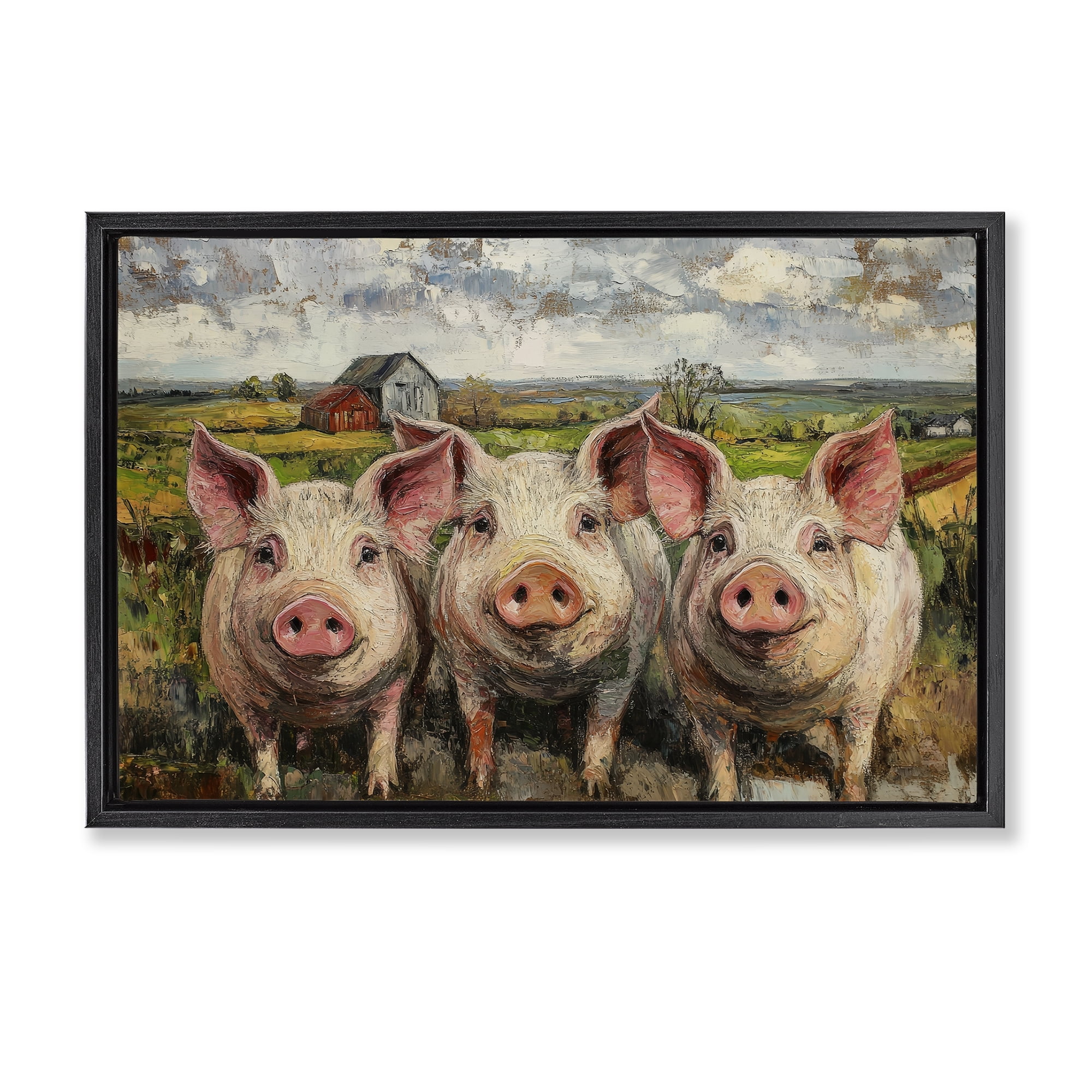 Stupell Industries Classic Barnyard Pigs in Countryside Black Framed Floater Canvas Wall Art, design by Petal Prints Design