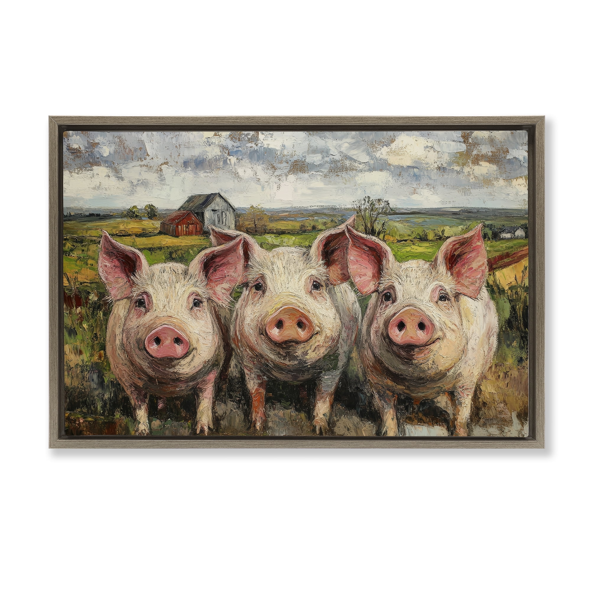 Stupell Industries Classic Barnyard Pigs in Countryside Brown Framed Floater Canvas Wall Art, design by Petal Prints Design