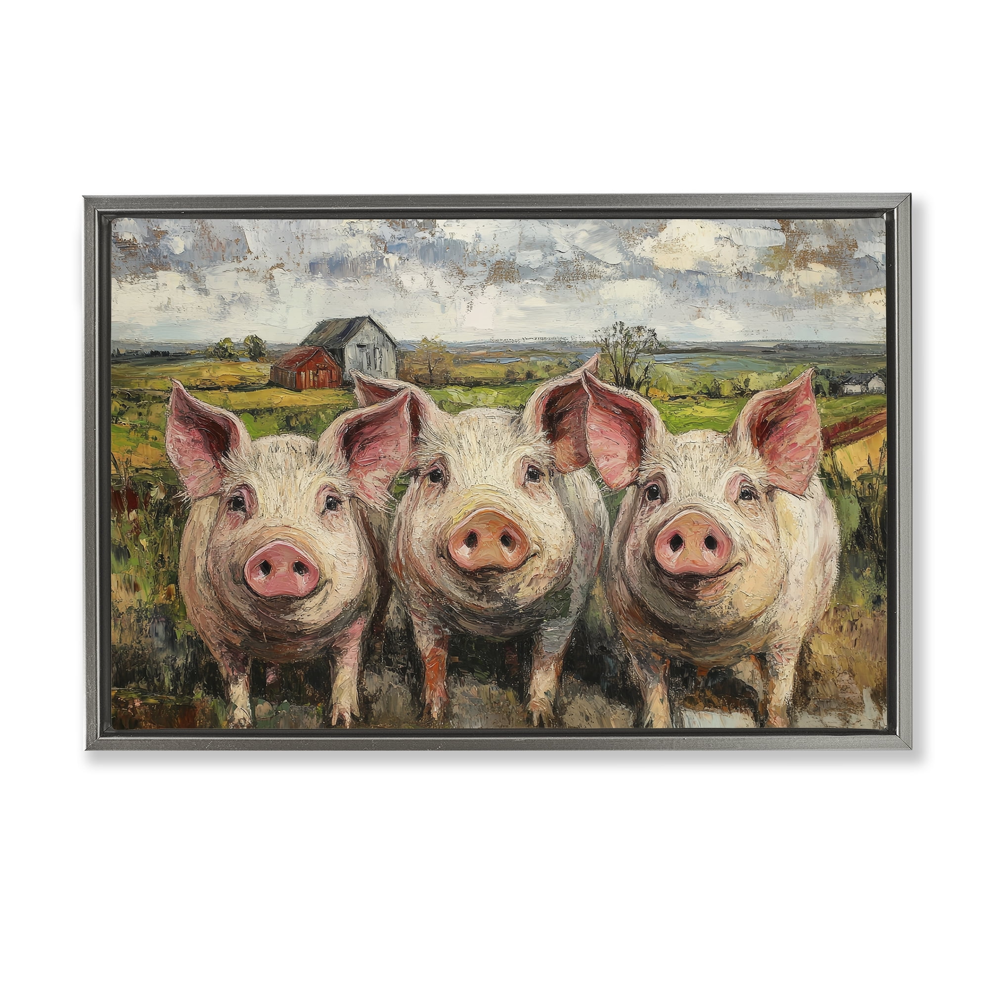 Stupell Industries Classic Barnyard Pigs in Countryside Gray Framed Floater Canvas Wall Art, design by Petal Prints Design