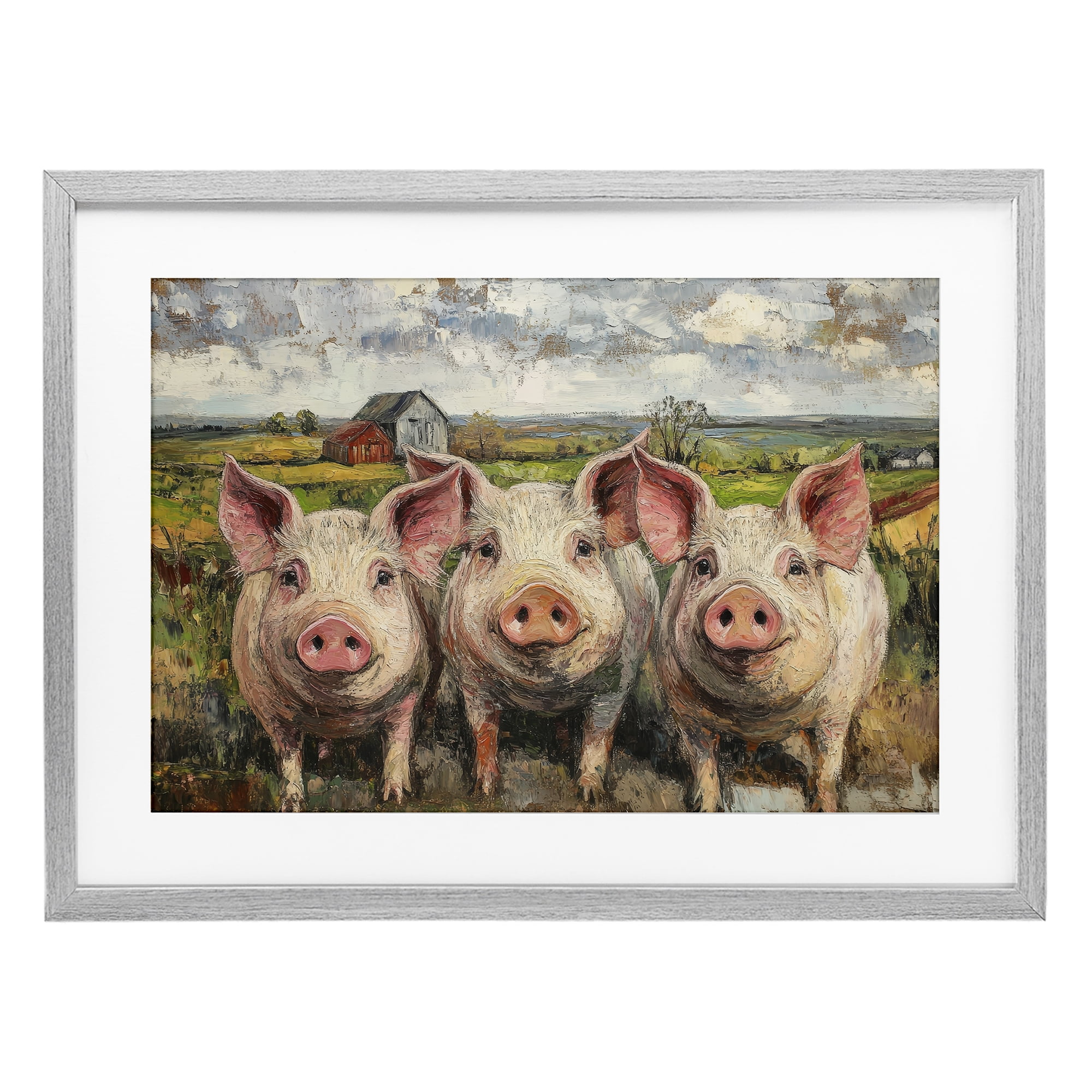 Stupell Industries Classic Barnyard Pigs in Countryside Gray Framed Print Under Glass, design by Petal Prints Design