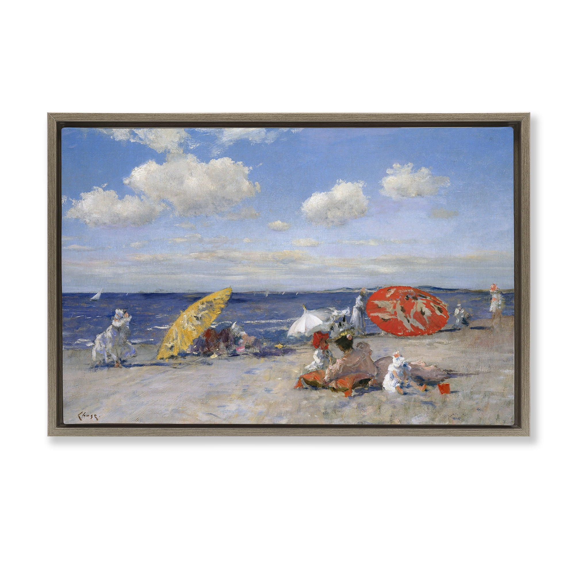 Stupell Industries Classic Beachgoers Scene Nautical & Beach Painting Brown Floater Framed Canvas Art Print Wall Art, 31 x 21