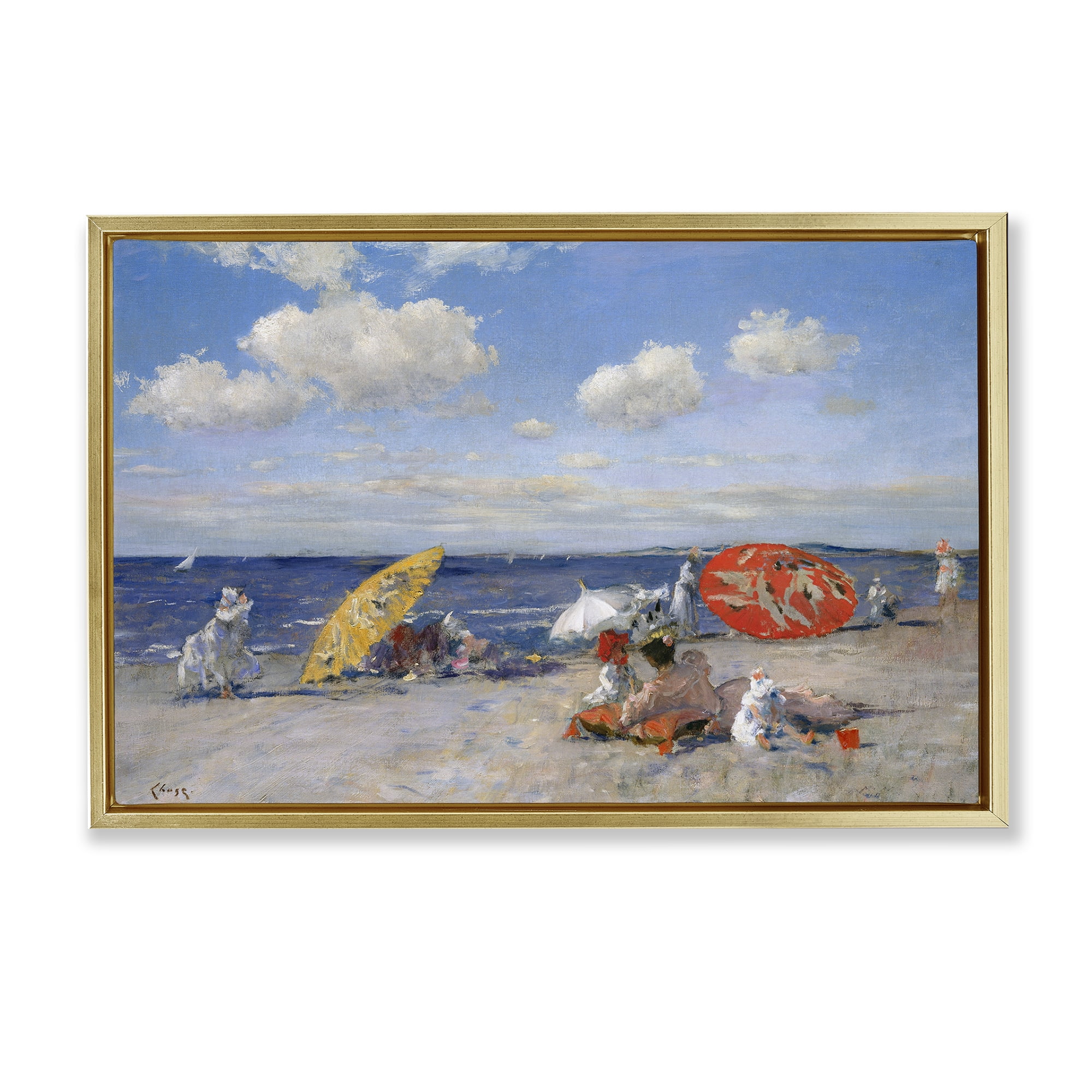 Stupell Industries Classic Beachgoers Scene Nautical & Beach Painting Gold Floater Framed Canvas Art Print Wall Art, 31 x 21