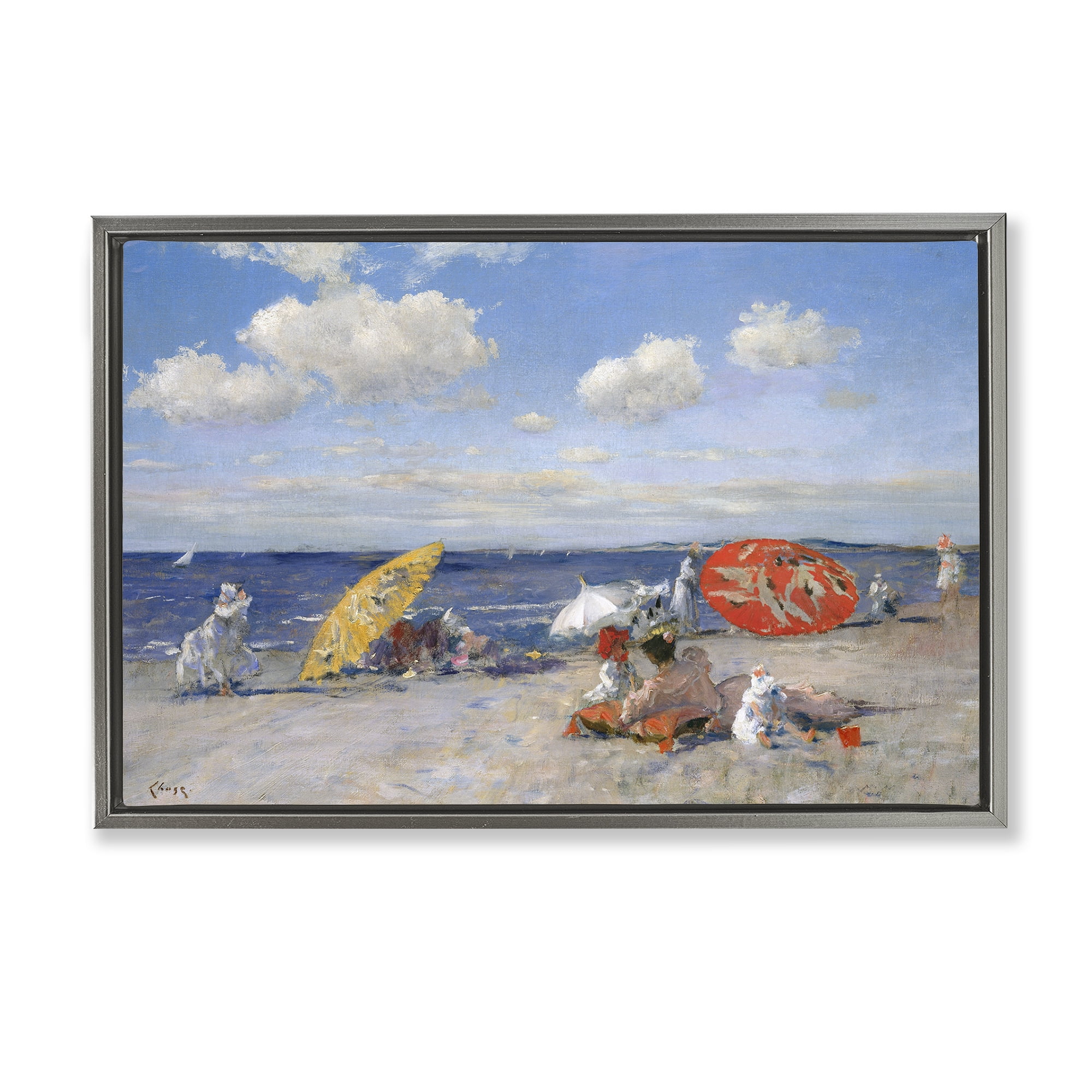 Stupell Industries Classic Beachgoers Scene Nautical & Beach Painting Gray Floater Framed Canvas Art Print Wall Art, 25 x 17