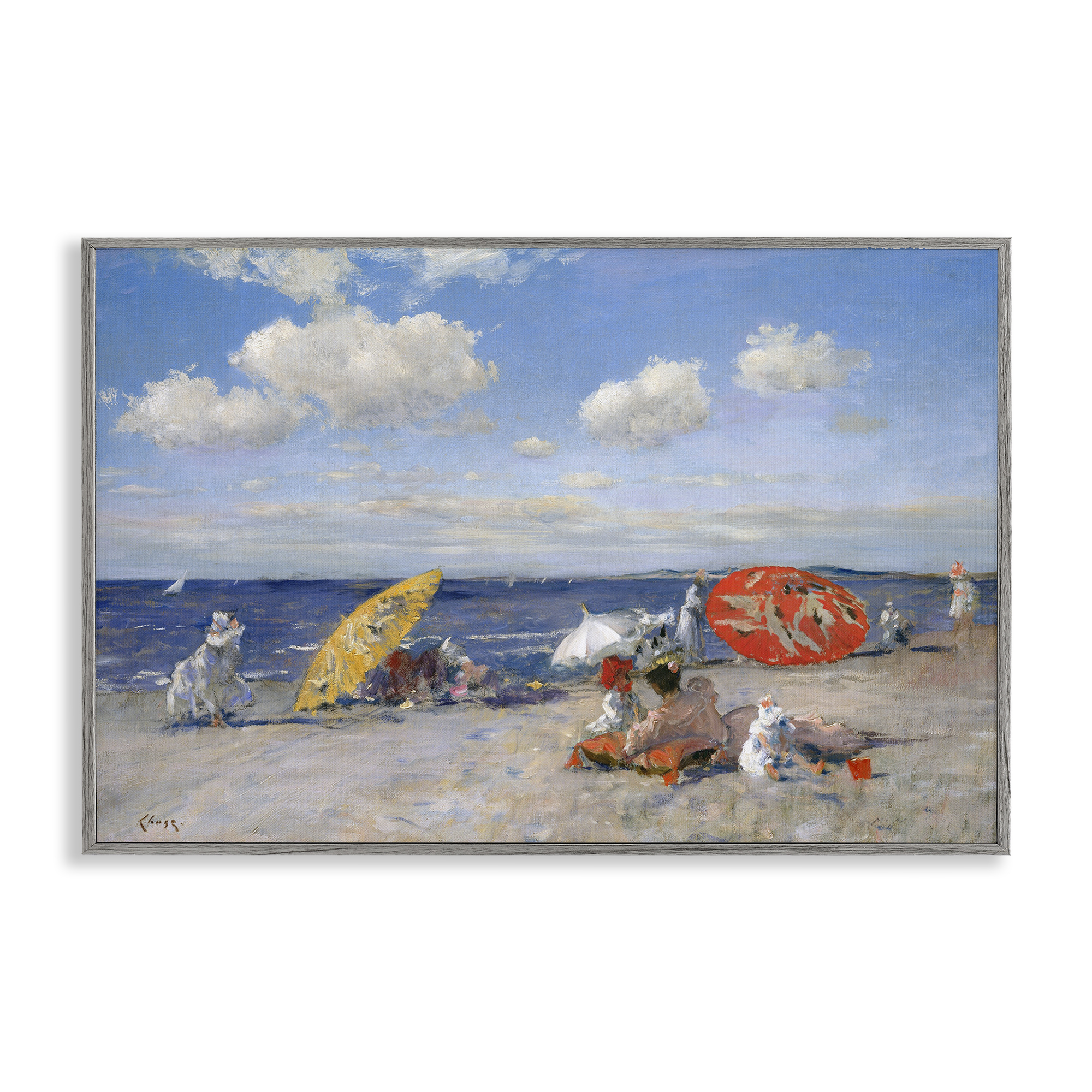 Stupell Industries Classic Beachgoers Scene Nautical & Beach Painting Gray Framed Art Print Wall Art, 18 x 12