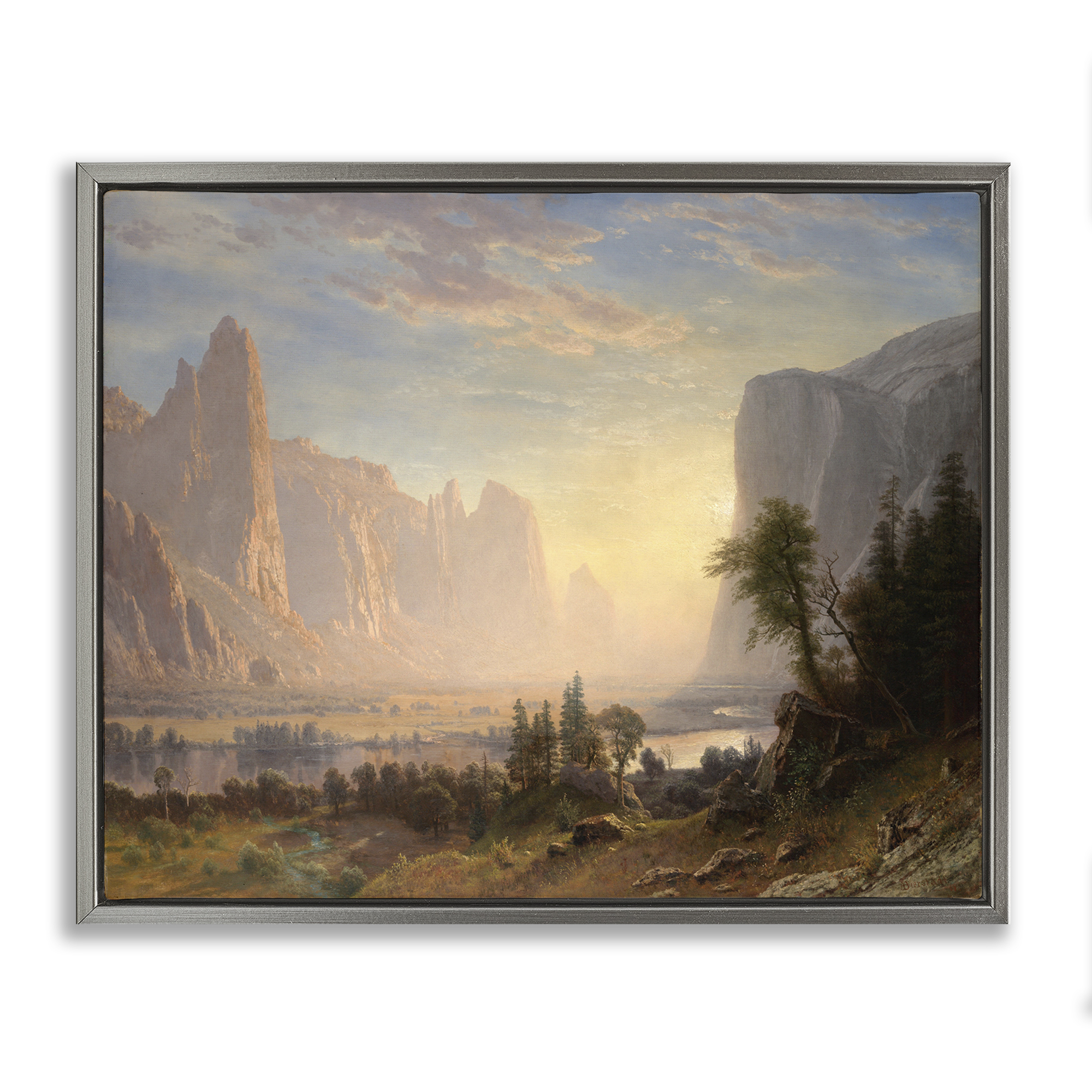 Stupell Industries Classic Bierstadt Valley of Yosemite Landscape & Nature Painting Gray Floater Framed Canvas Art Print Wall Art, 21 x 17