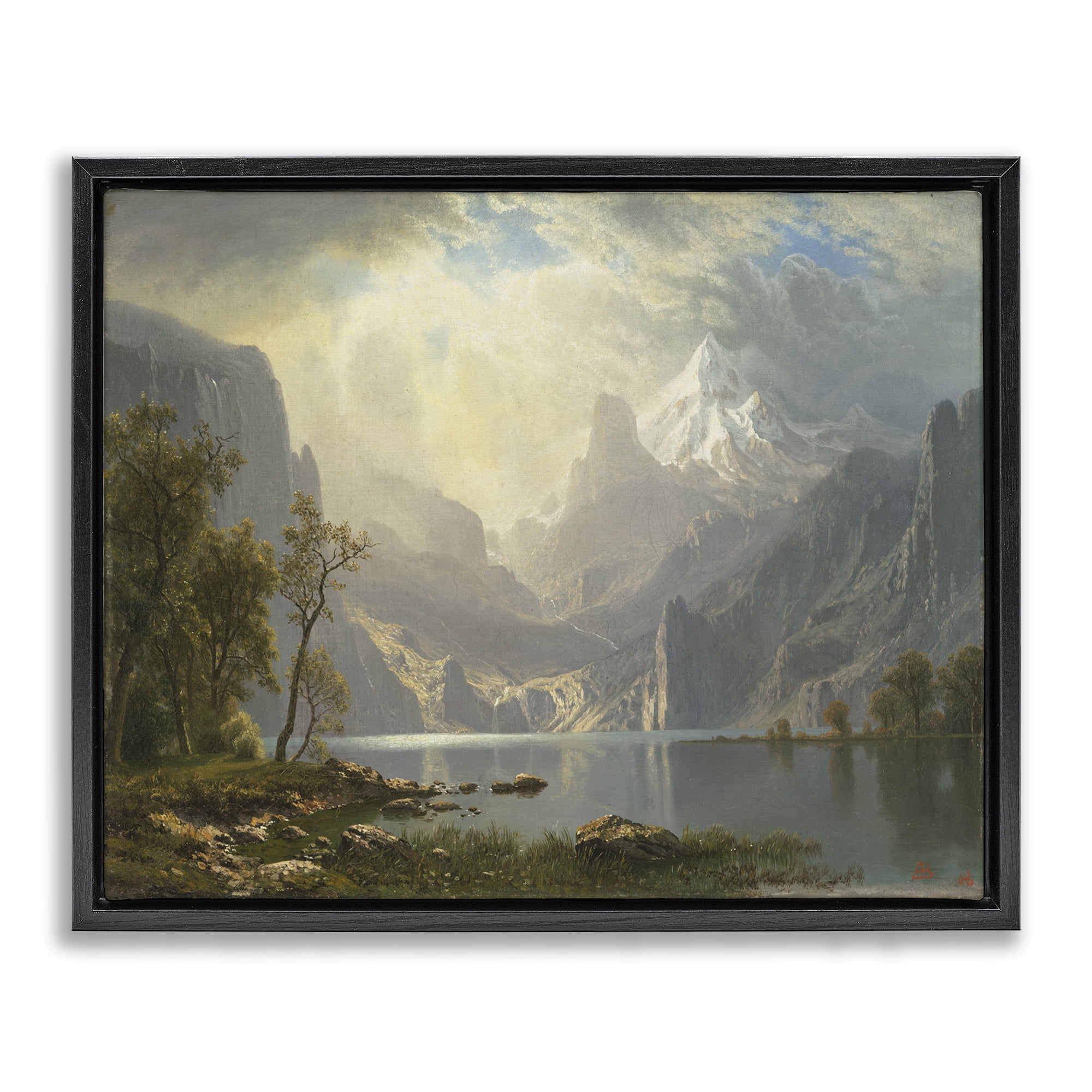 Stupell Industries Classic Bierstadt View on Mountain Landscape & Nature Painting Black Floater Framed Canvas Art Print Wall Art, 21 x 17