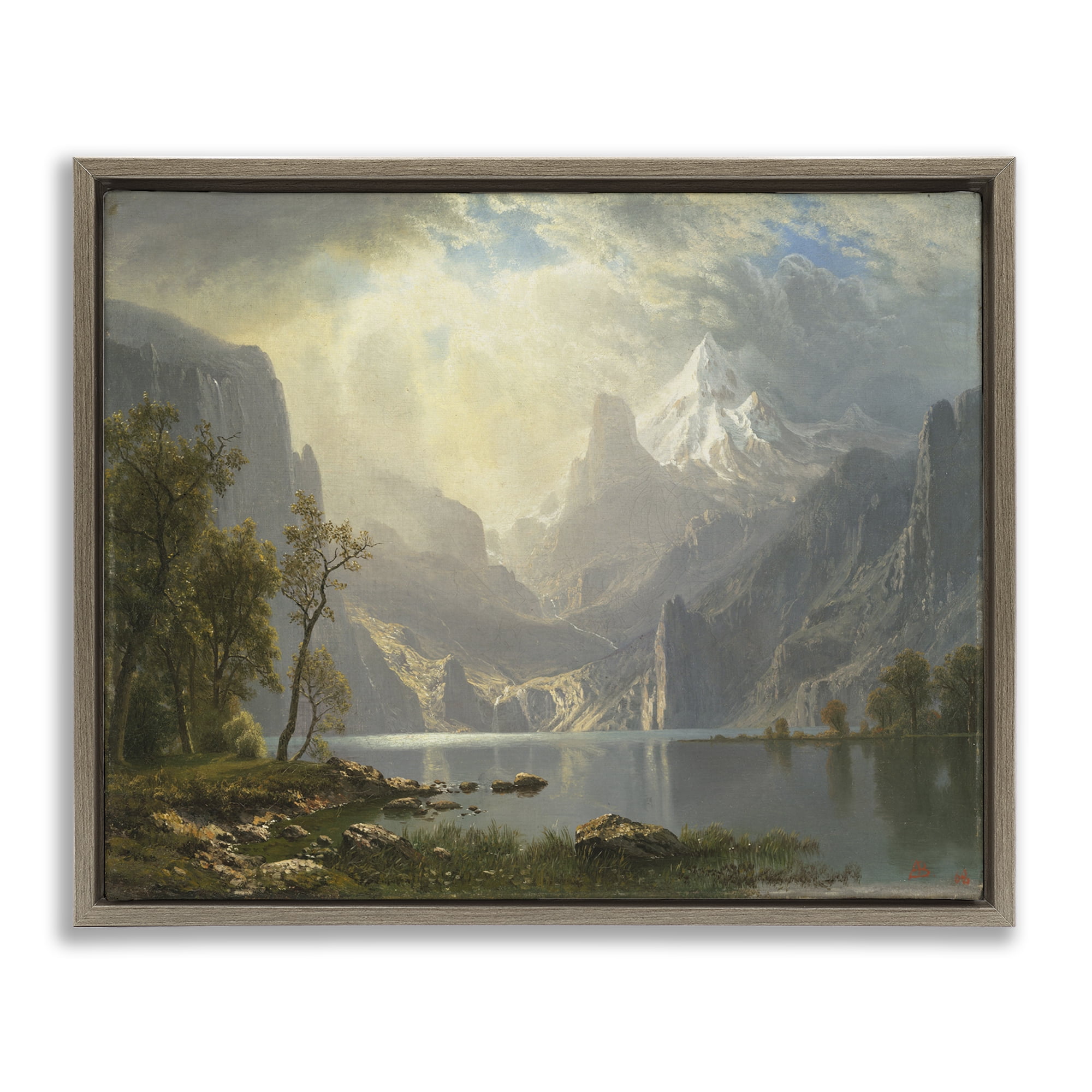 Stupell Industries Classic Bierstadt View on Mountain Landscape & Nature Painting Brown Floater Framed Canvas Art Print Wall Art, 21 x 17