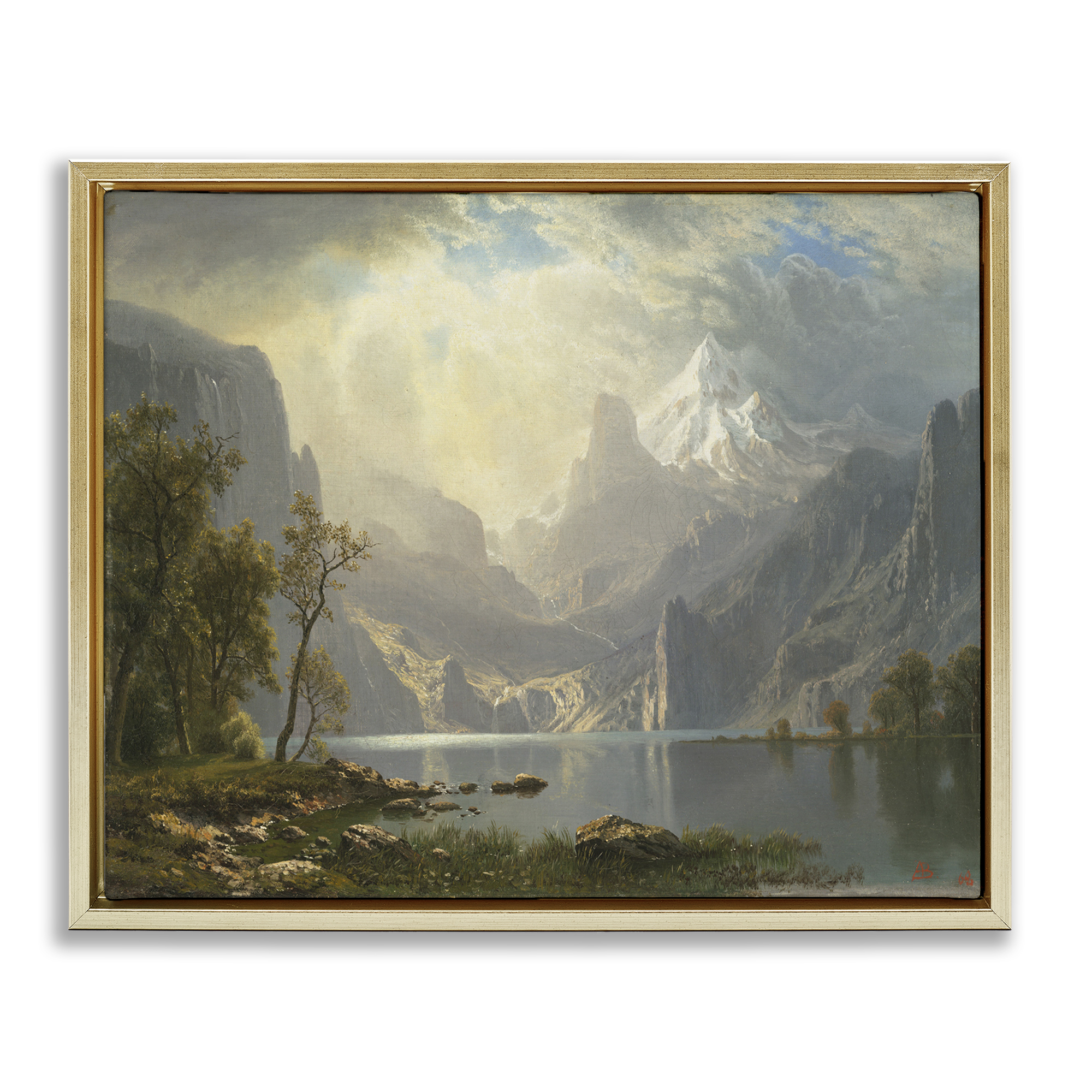 Stupell Industries Classic Bierstadt View on Mountain Landscape & Nature Painting Gold Floater Framed Canvas Art Print Wall Art, 21 x 17
