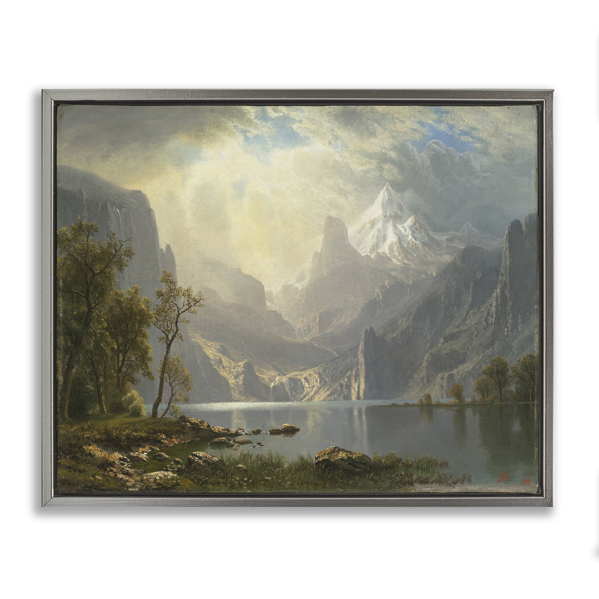 Stupell Industries Classic Bierstadt View on Mountain Landscape & Nature Painting Gray Floater Framed Canvas Art Print Wall Art, 21 x 17