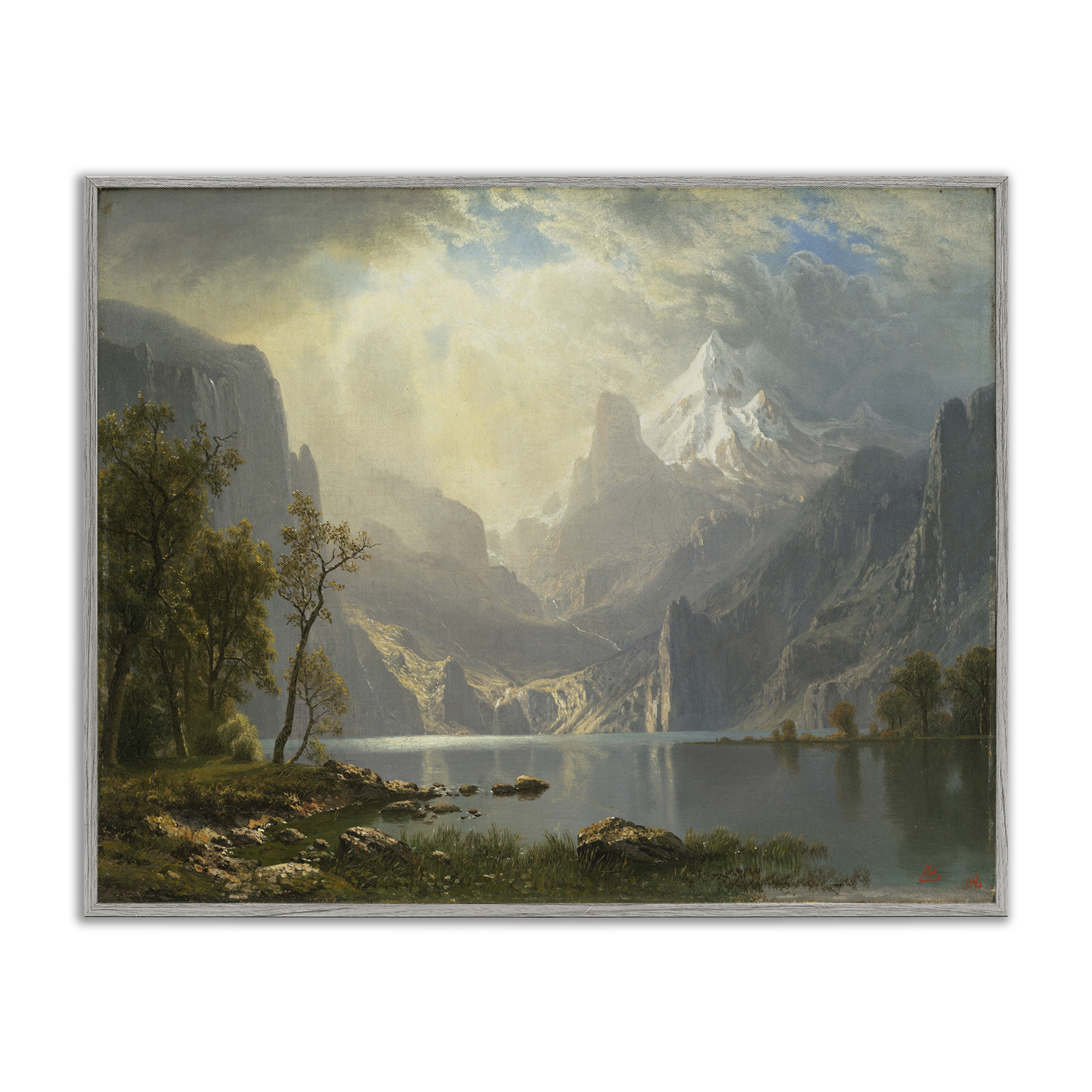Stupell Industries Classic Bierstadt View on Mountain Landscape & Nature Painting Gray Framed Art Print Wall Art, 20 x 16