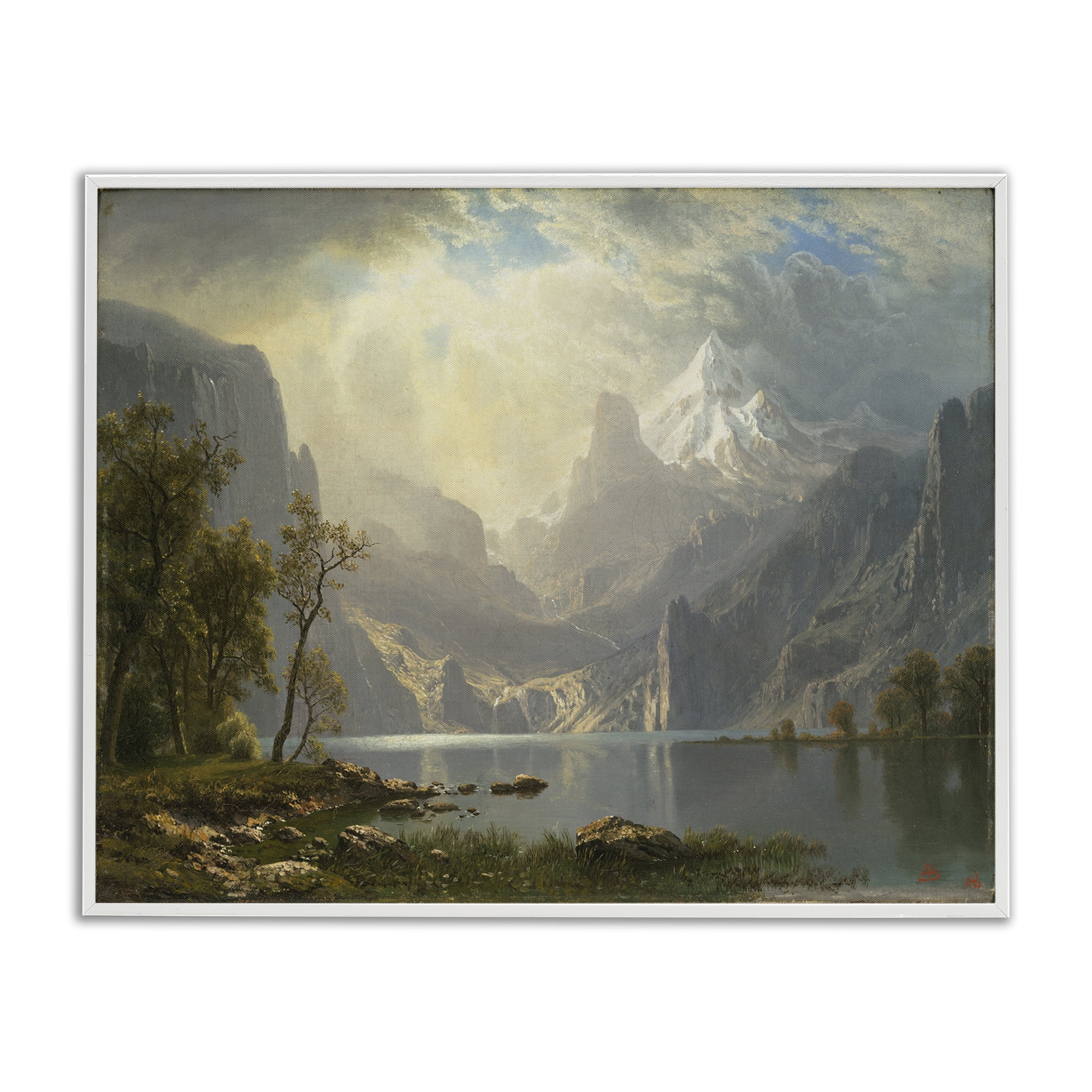 Stupell Industries Classic Bierstadt View on Mountain Landscape & Nature Painting White Framed Art Print Wall Art, 20 x 16