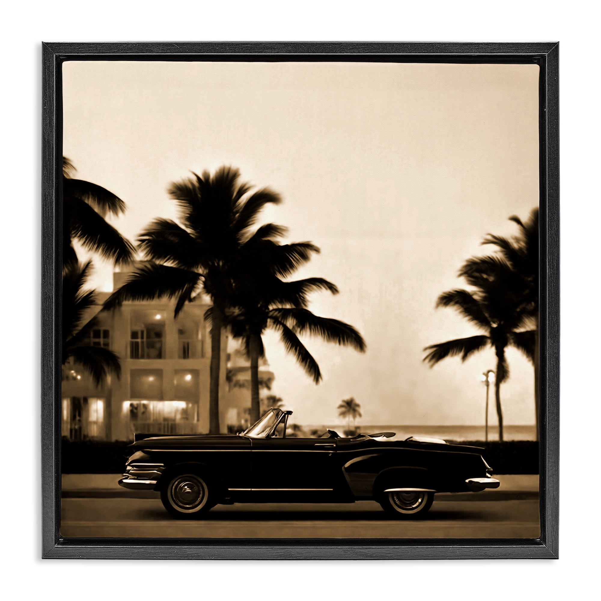 Stupell Industries Classic Black Car & Palms Transportation Painting Black Floater Framed Canvas Art Print Wall Art, 25 x 25