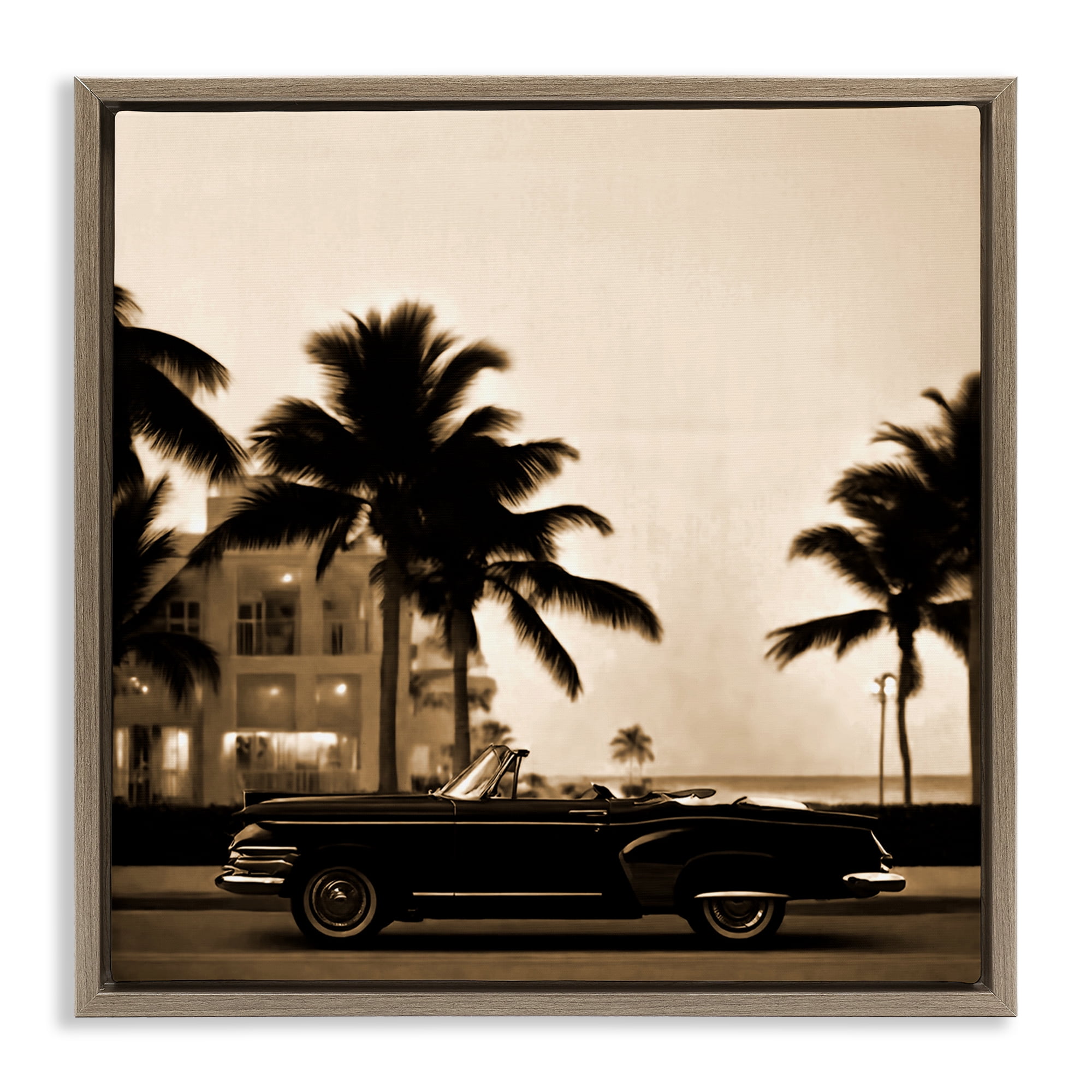 Stupell Industries Classic Black Car & Palms Transportation Painting Brown Floater Framed Canvas Art Print Wall Art, 18 x 18