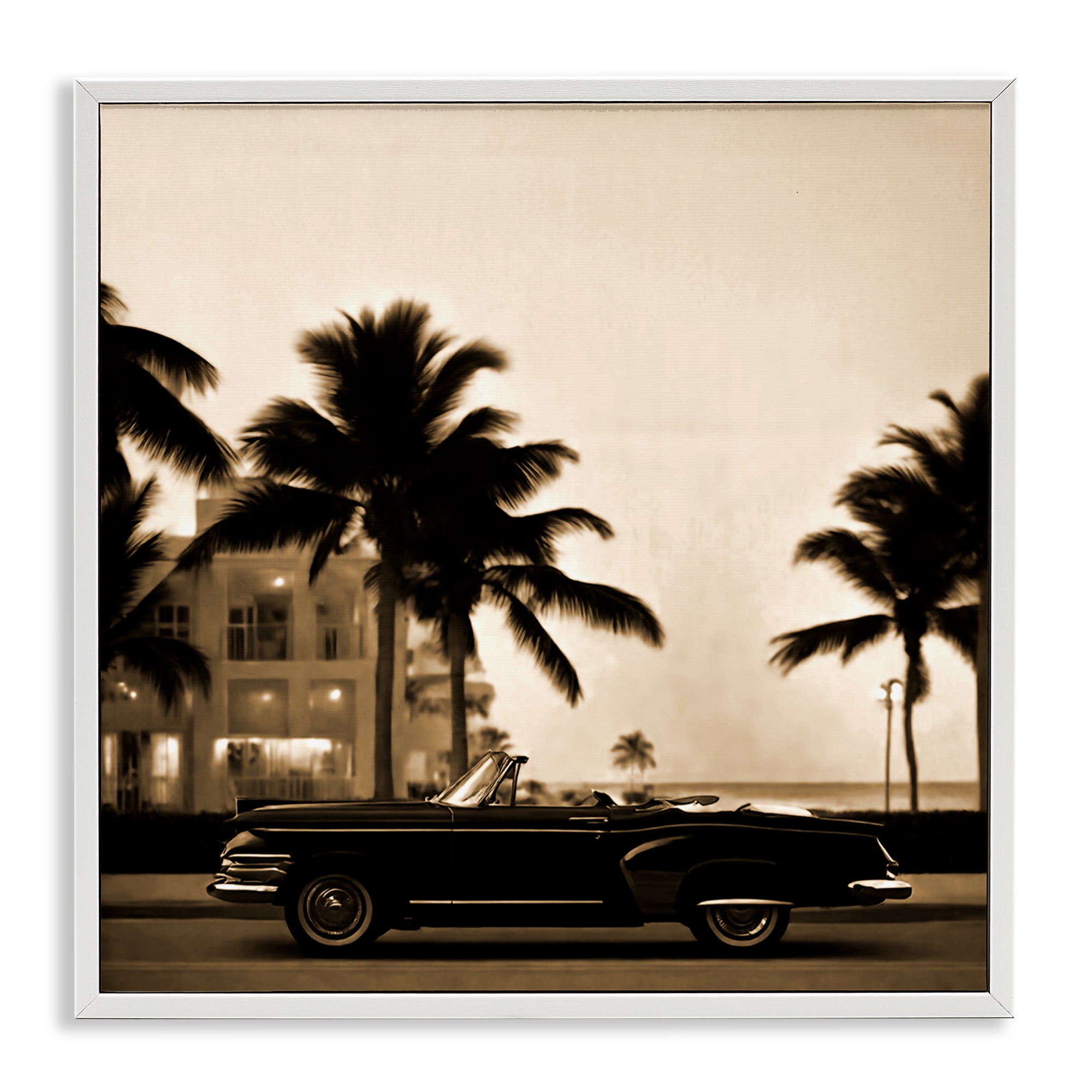 Stupell Industries Classic Black Car & Palms Transportation Painting White Framed Art Print Wall Art, 12 x 12