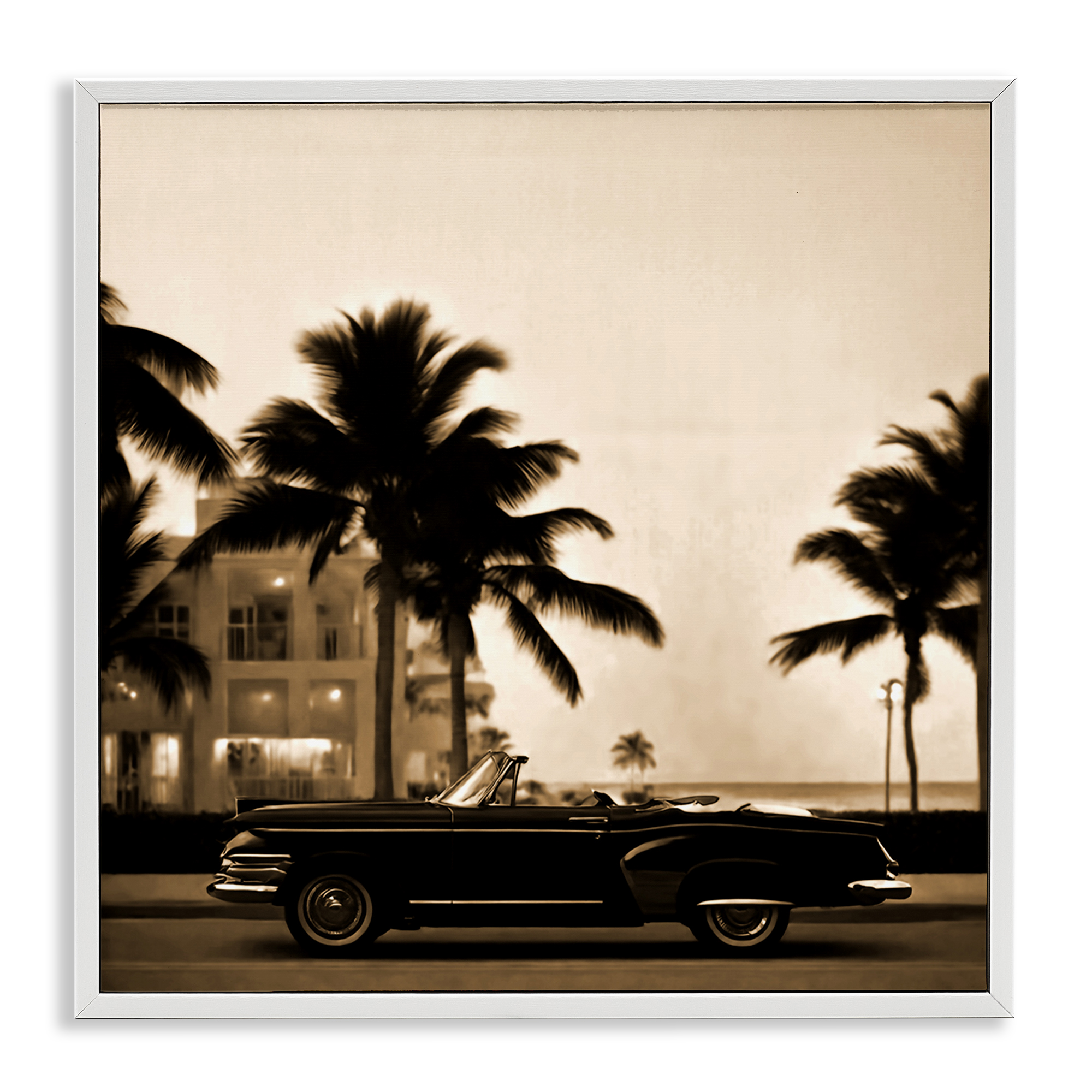 Stupell Industries Classic Black Car & Palms Transportation Painting White Framed Art Print Wall Art, 24 x 24