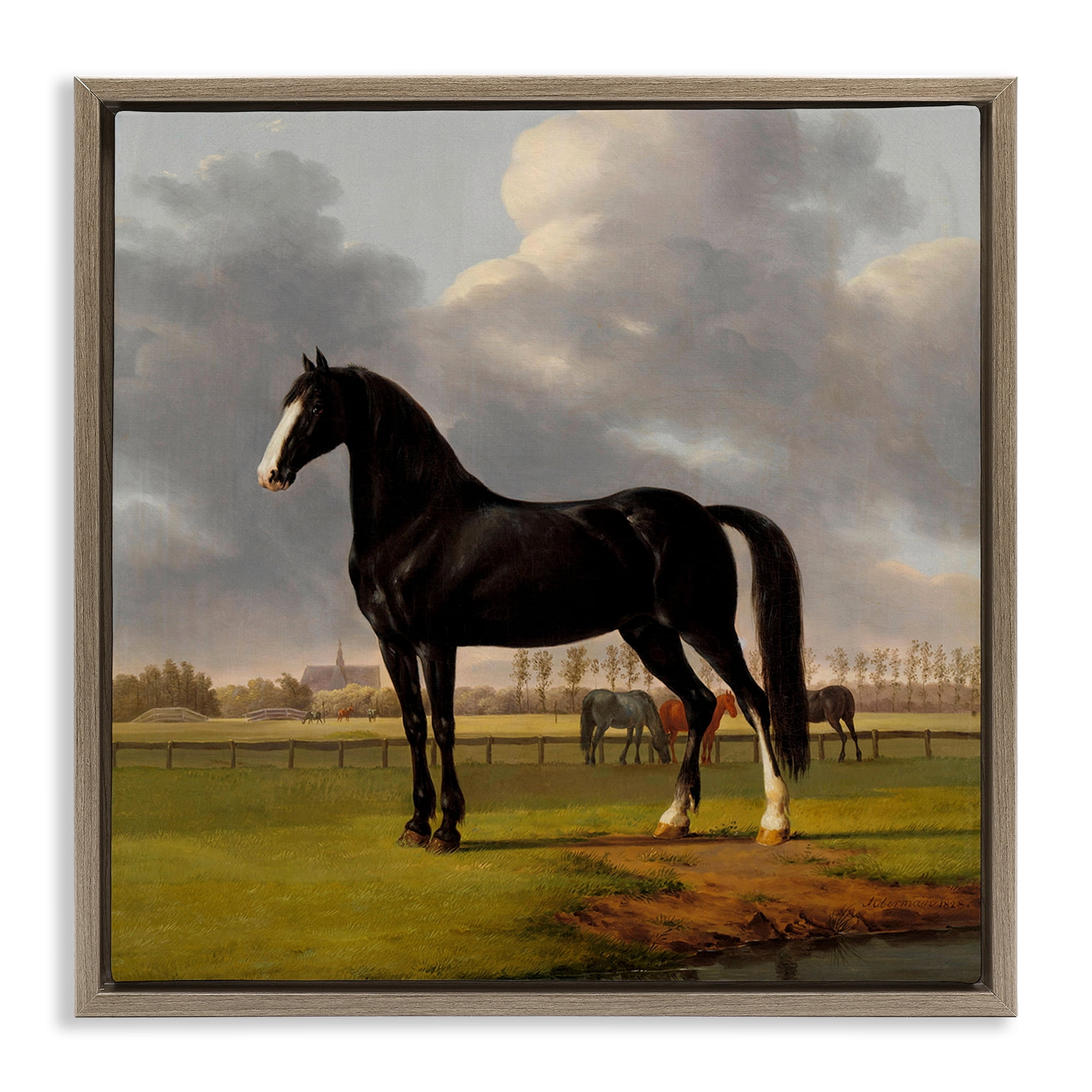 Stupell Industries Classic Black Stallion Animals Painting Brown Floater Framed Canvas Art Print Wall Art, 18 x 18