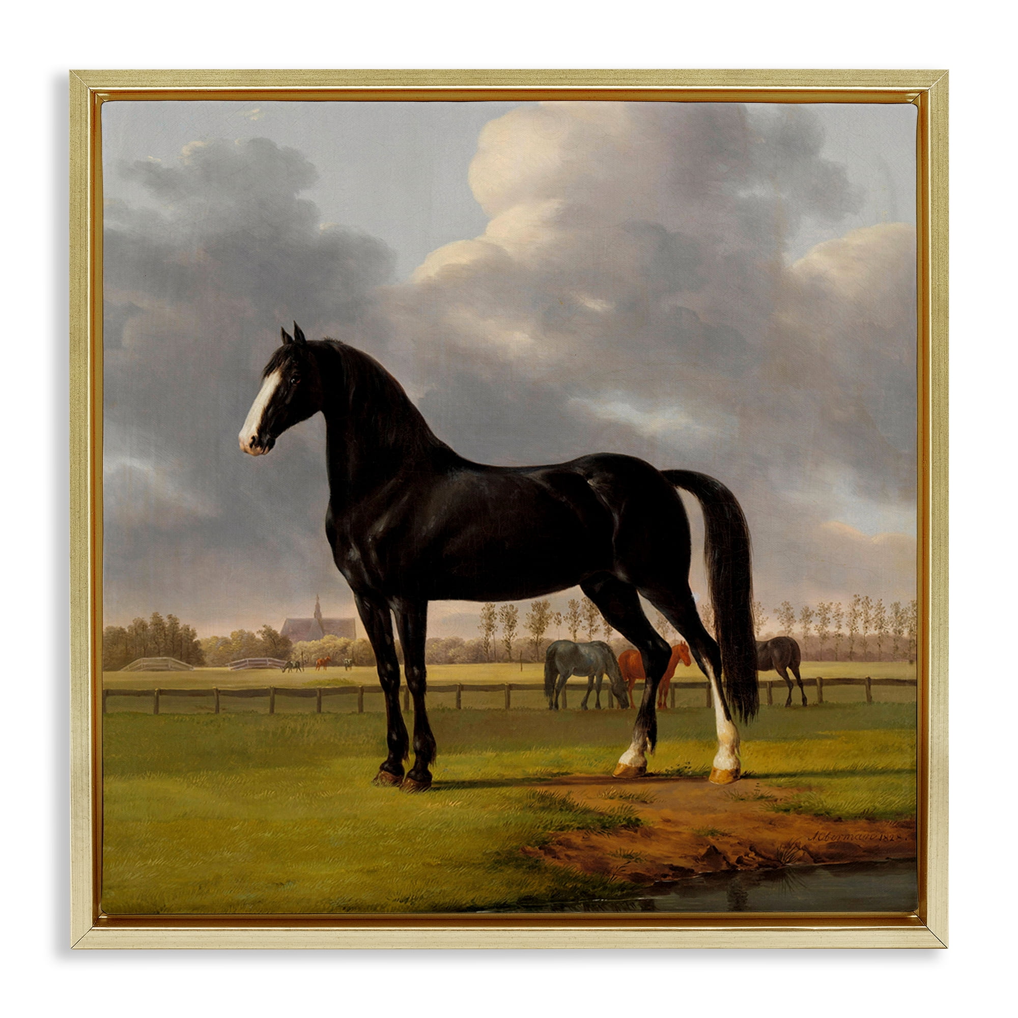 Stupell Industries Classic Black Stallion Animals Painting Gold Floater Framed Canvas Art Print Wall Art, 18 x 18
