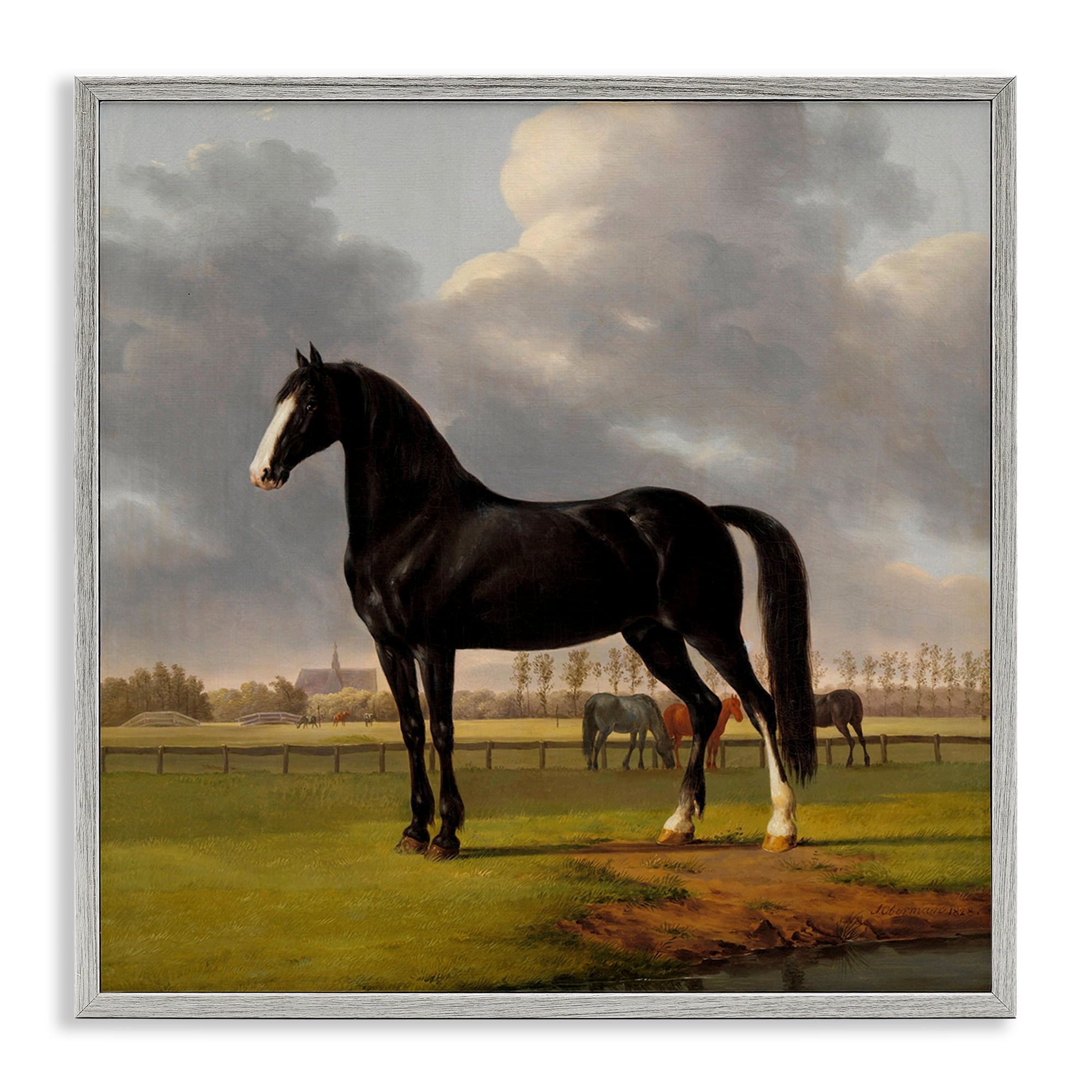 Stupell Industries Classic Black Stallion Animals Painting Gray Framed Art Print Wall Art, 17 x 17