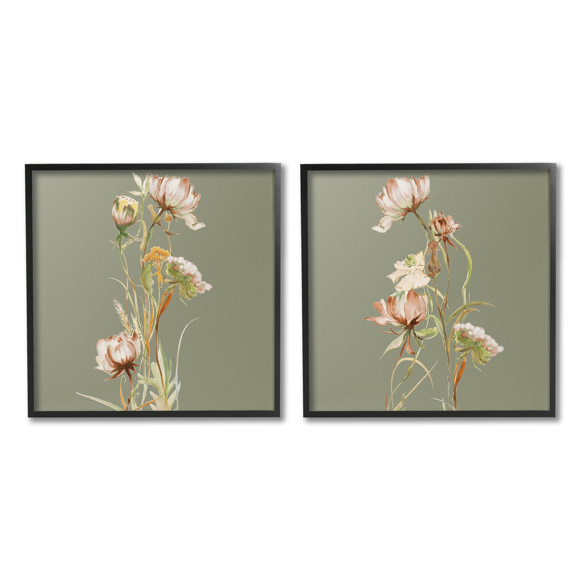 Stupell Industries Classic Blooms on Green Botanical & Floral Painting Black Framed Art Print Wall Art, 12 x 12, Set of 2