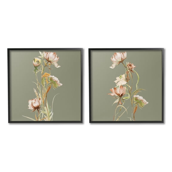 Stupell Industries Classic Blooms on Green Botanical & Floral Painting Black Framed Art Print Wall Art, 17 x 17, Set of 2