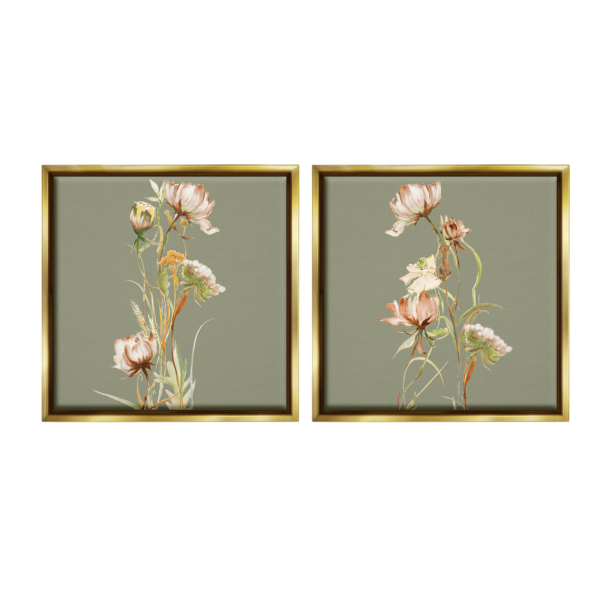 Stupell Industries Classic Blooms on Green Botanical & Floral Painting Gold Floater Framed Canvas Art Print Wall Art, 18 x 18, Set of 2